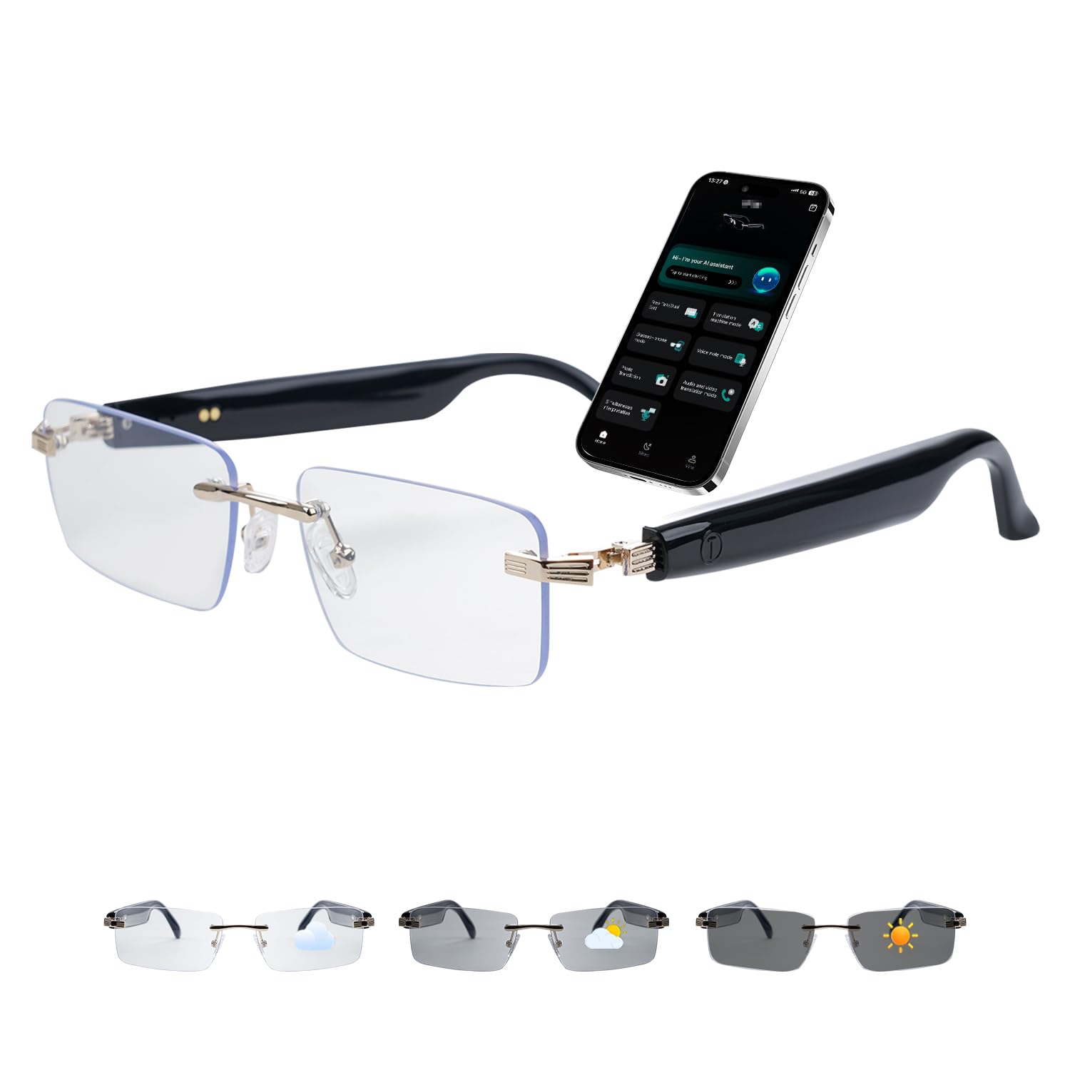 Óculos inteligentes AI para homens e mulheres, óculos inteligentes Bluetooth 6.0 com dobradiça de mola com 164 idiomas (tradução em tempo real), lente fotocromática, aplicativo gratuito, óculos