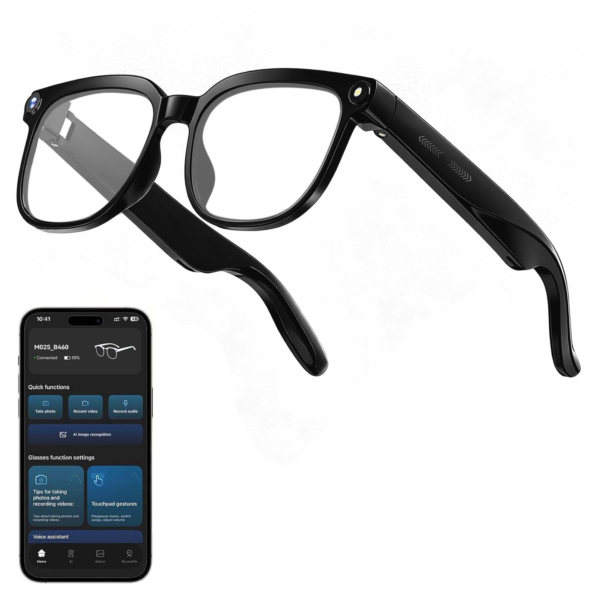 Óculos inteligentes AI com câmera de 8 MP, captura de vídeo e foto 1080p, óculos de gravação com assistente de IA, tradução em tempo real, áudio Bluetooth 5.4 de orelha aberta