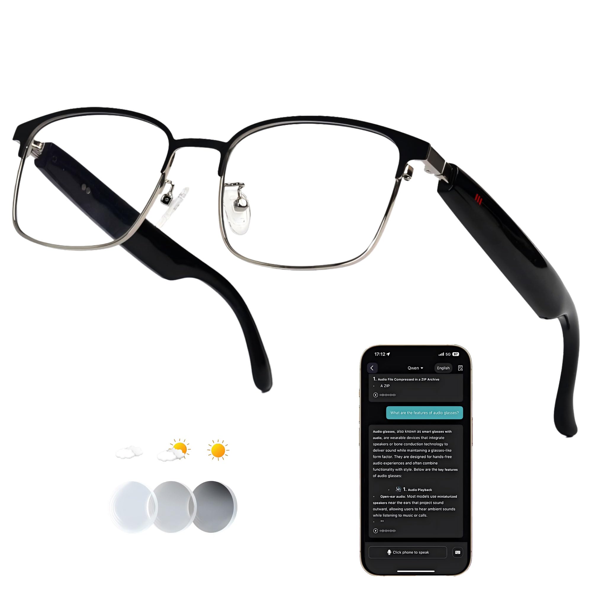 Óculos inteligentes AI com tradução em 164 idiomas e áudio Bluetooth | Lentes fotocromáticas, bateria de 170 mAh, áudio de ouvido aberto para viagens, trabalho, esportes