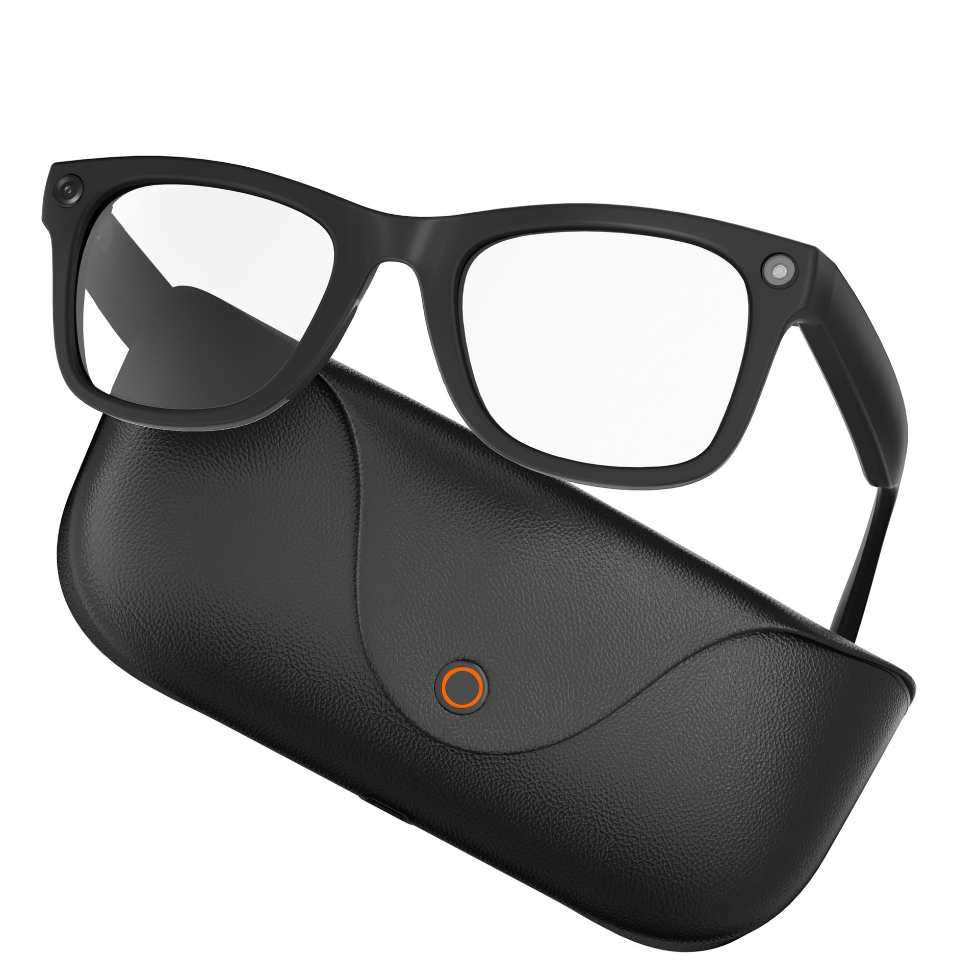 Óculos inteligentes M02 com câmera de 8 MP, tradução AI, gravação de vídeo anti-trepidação, Bluetooth, estojo de carregamento de couro genuíno (preto + estojo de carregamento preto)