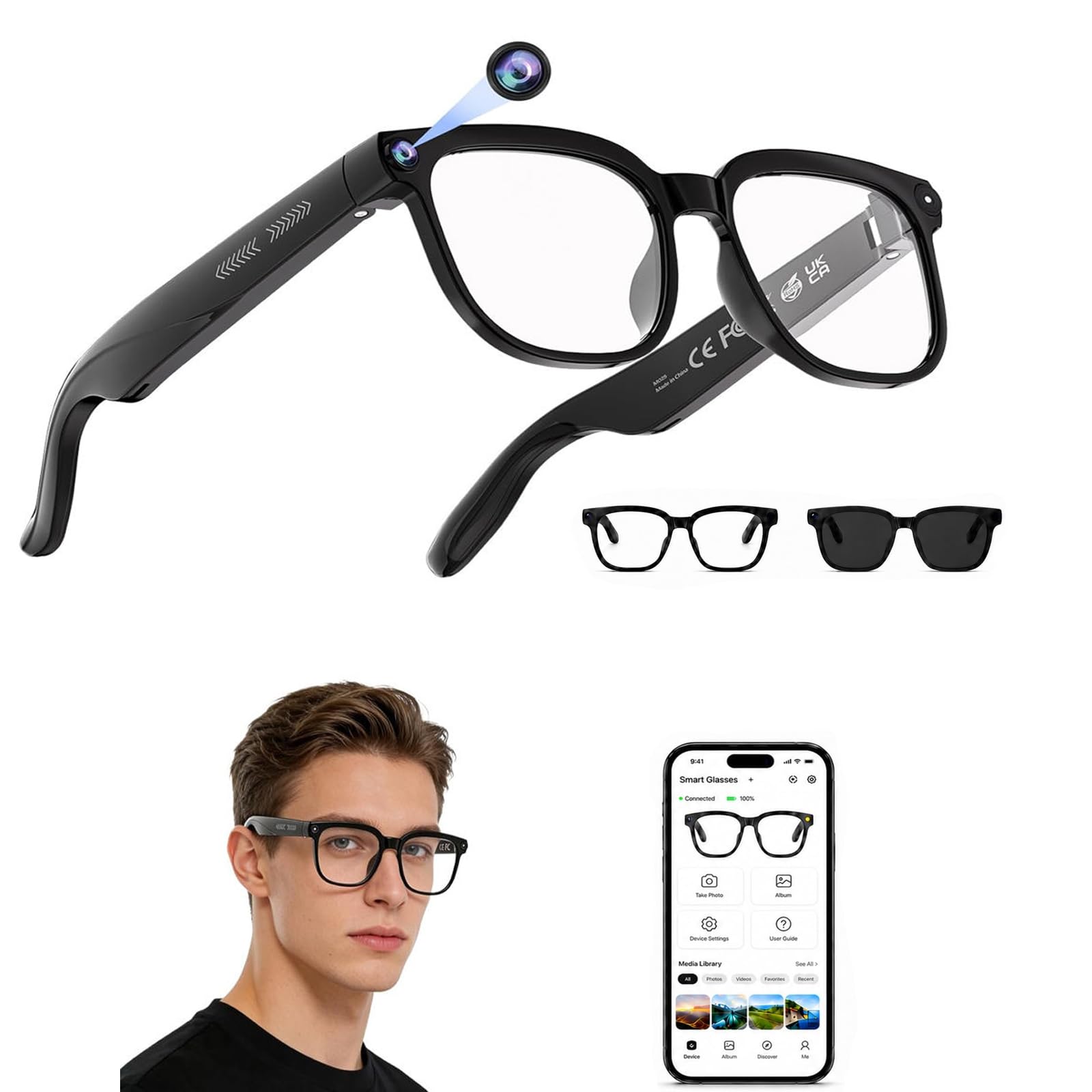 Óculos inteligentes AI com câmera, óculos de sol inteligentes, gravação de vídeo 4K e captura de fotos, chamada telefônica Bluetooth 5.4 para reprodução de música, tradução em tempo real | Smart Wearable, Tech Eyewear