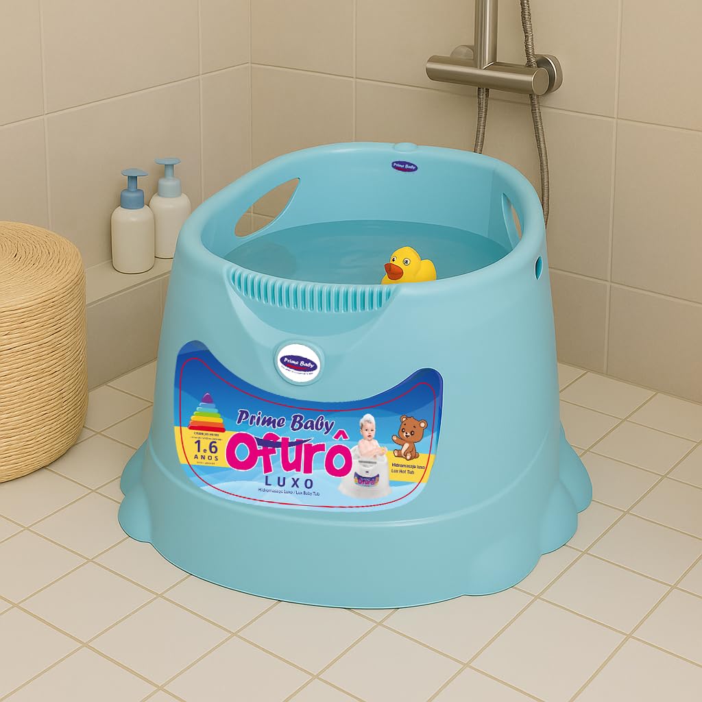 Banheira Ofurô Infantil Grande Prime Baby 1 a 6 Anos – Banheira Ergonômica Antiderrapante para Crianças e Bebês até 30Kg com Plugue de Escoamento Rápido (Azul)