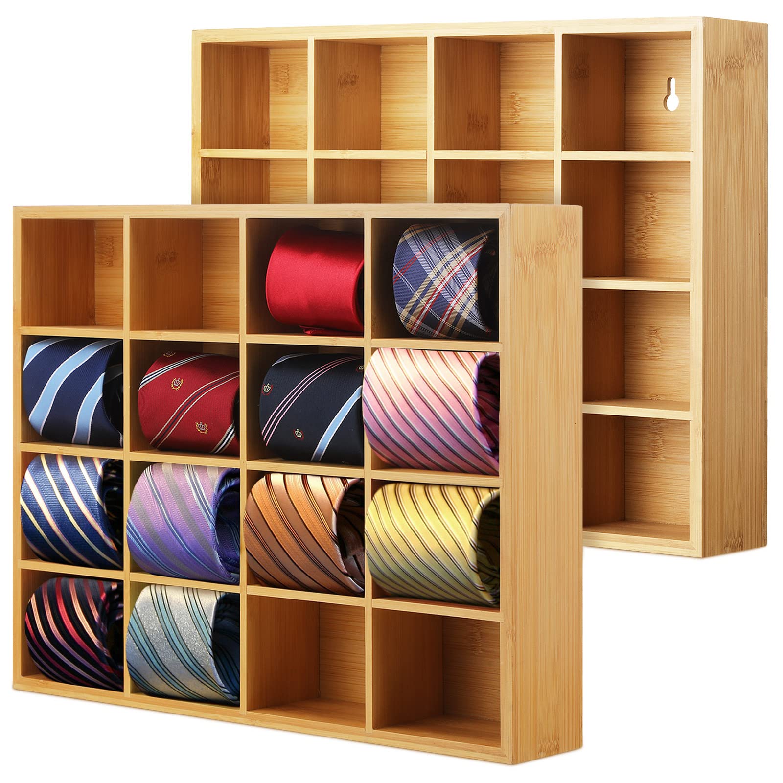 Wesiti Organizador de gravata montado na parede com 16 compartimentos suporte de cinto de bambu para homens, cachecol e armário de parede para casa (cor de madeira, 2 peças)