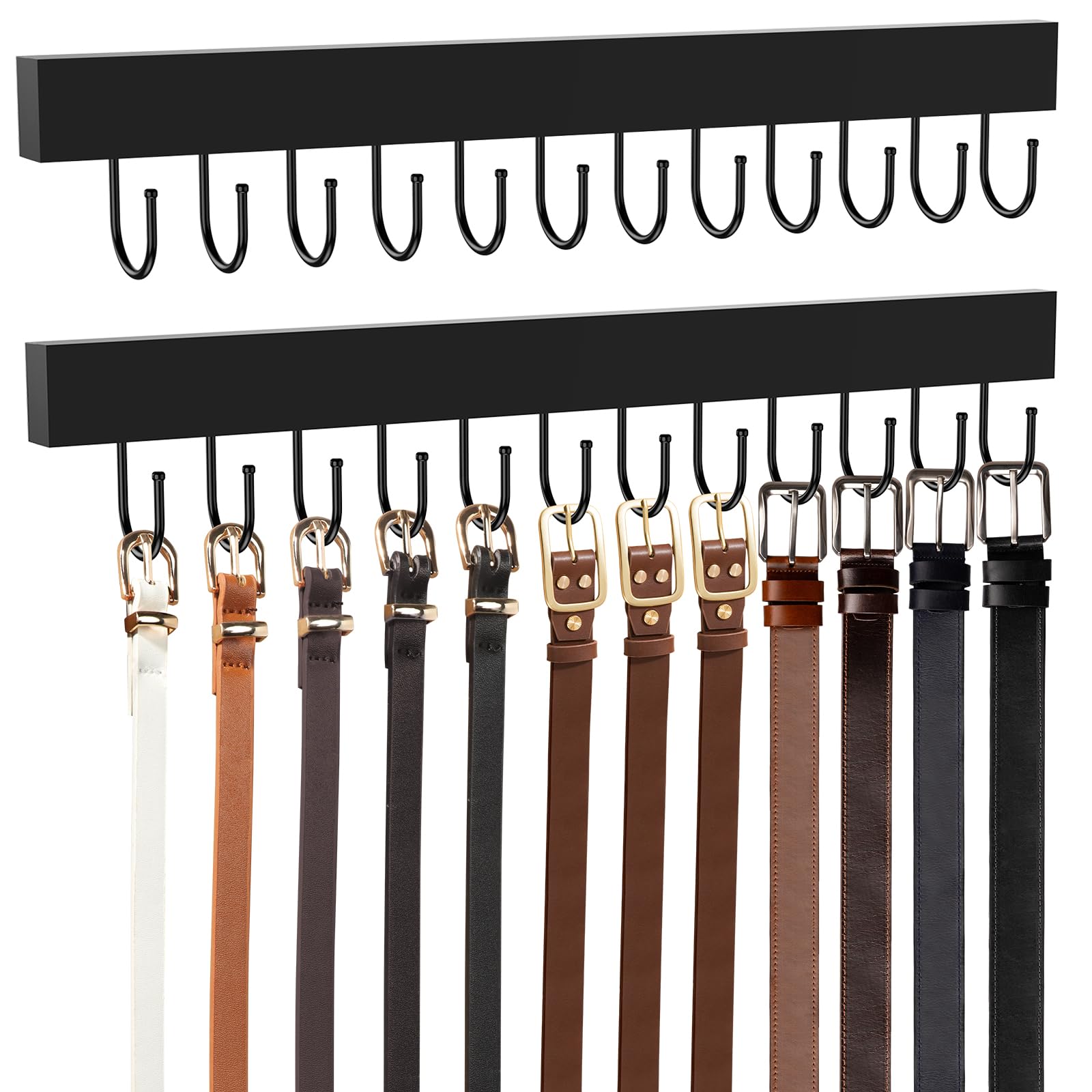 Suporte de parede para cabide de cinto, organizador de cinto de armário de madeira com 24 ganchos de metal, rotação de 360°, grande capacidade, preto, 2 peças