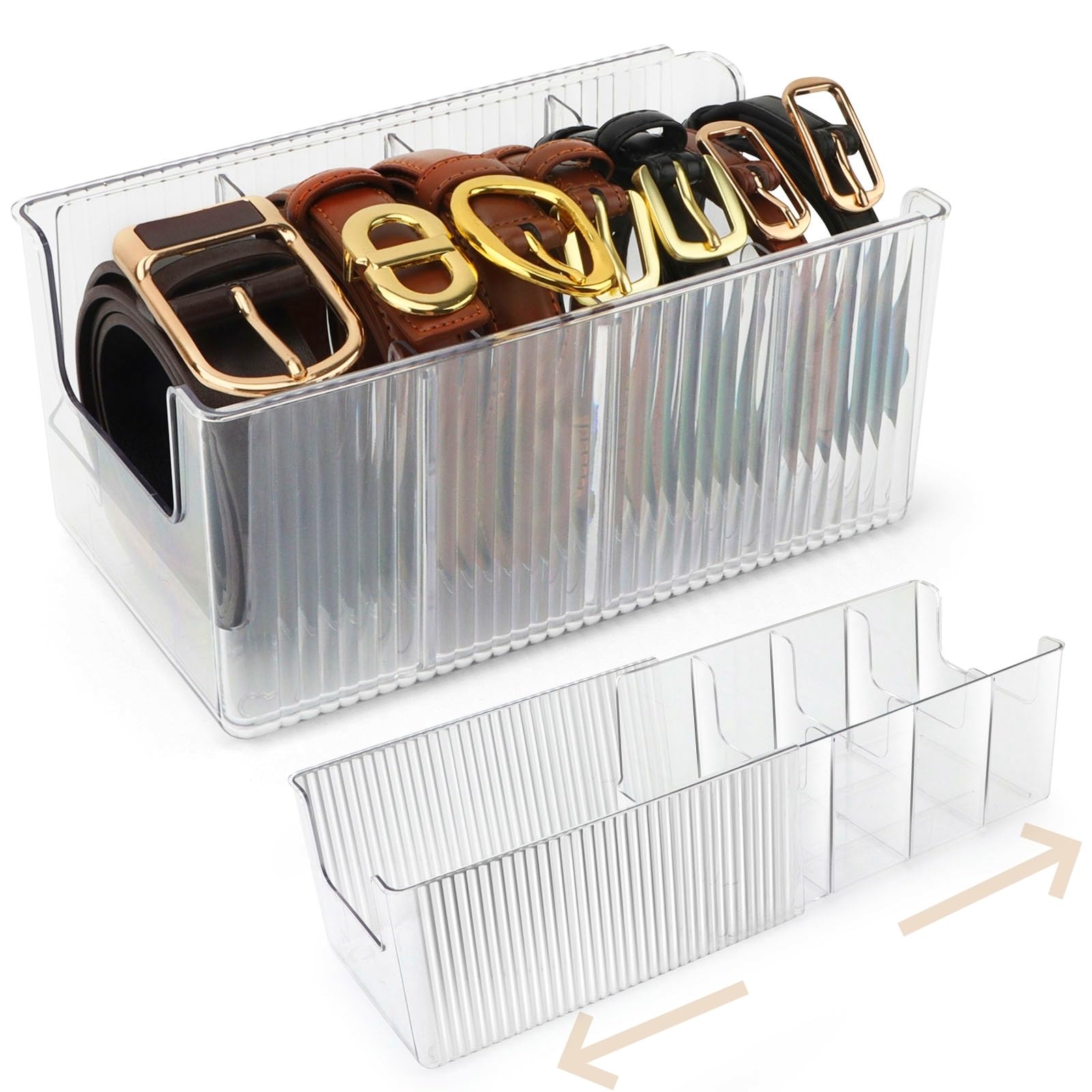 Organizador de cinto transparente, suporte de armazenamento de cinto de acrílico extensível com divisórias ajustáveis, recipiente de armazenamento de cintos para organização de gavetas e armários