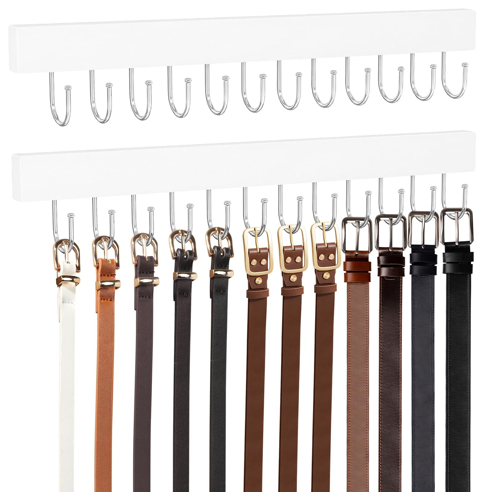 Suporte de parede, organizador de cinto de madeira para armário com 24 ganchos de metal, grande capacidade, branco, 2 peças