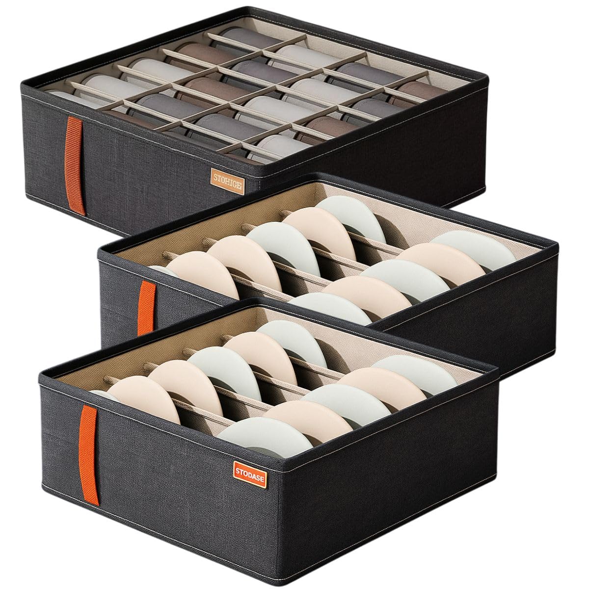 Kit 3 Caixas Colmeias Organizadoras de Gaveta Dobrável 6, 7 e 20 Divisórias Roupa Íntima Ideal para Calcinha Sutiã Meia Cueca Cinto Multiuso Guarda Roupa Closet Cinza