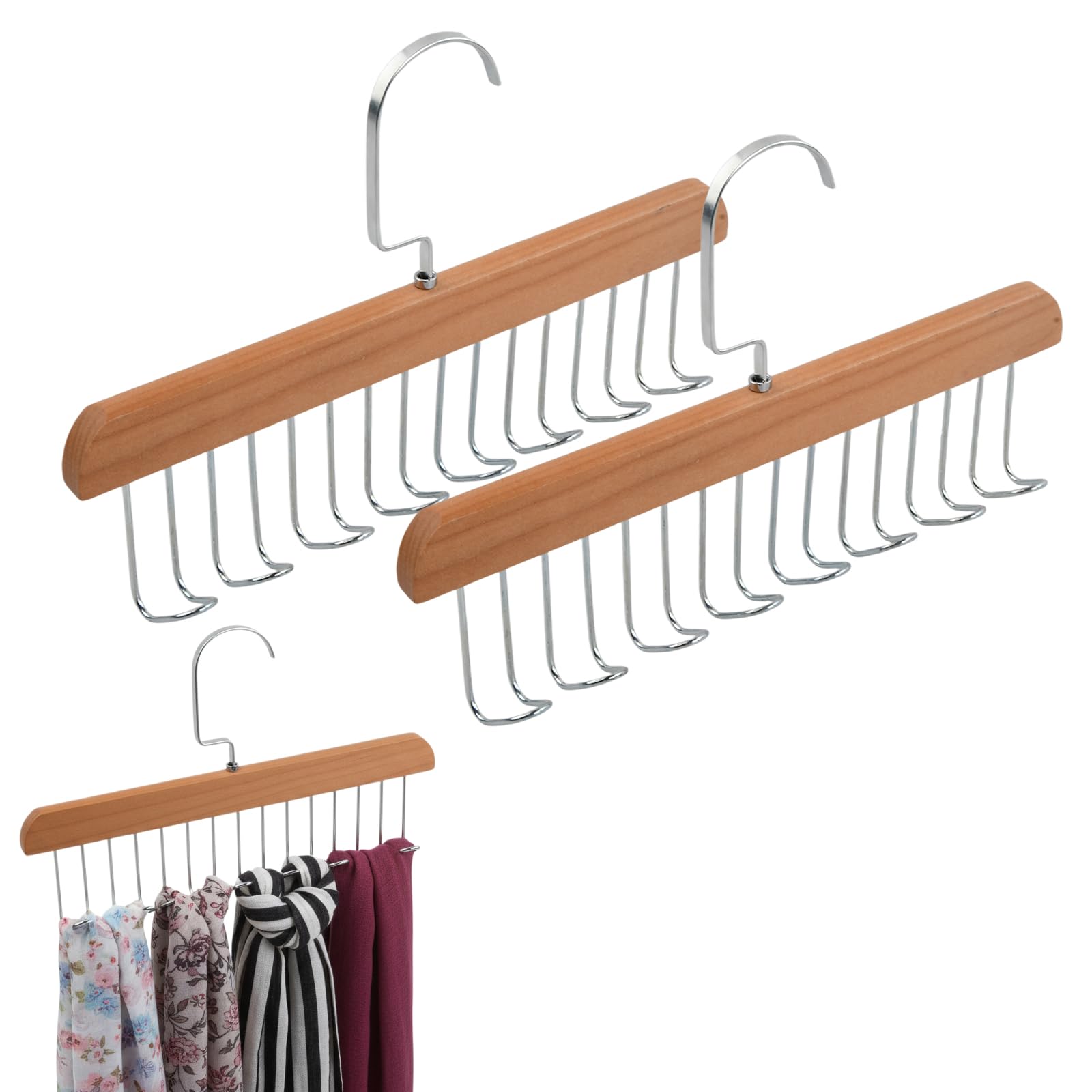 Kit 2 Cabides de Madeira Maciça Multifuncionais com 8 Ganchos Giratórios, Organizador para Cintos, Gravatas, Lenços e Acessórios, Estilo Rústico/Nórdico para Armário e Guarda-Roupa