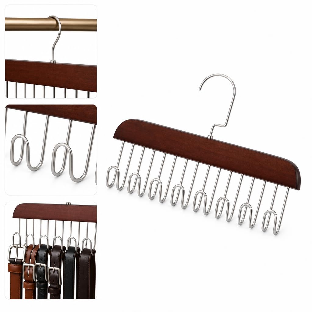 Cabide Multiuso de Madeira com 8 Ganchos de Aço, Organizador para Cintos e Gravatas, 28x18,5cm, Marrom