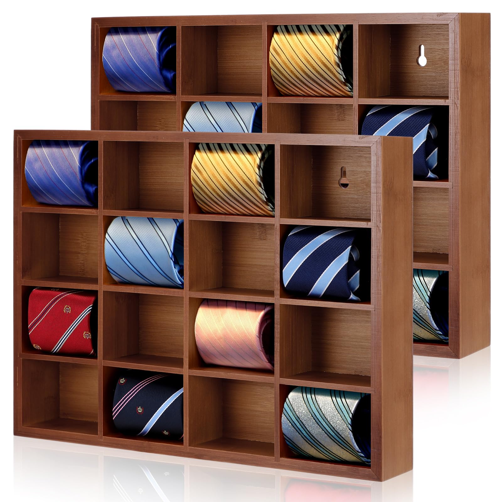 Wesiti Organizador de gravata montado na parede com 16 compartimentos, suporte de cinto de bambu para homens, cachecol e armário de parede (cor marrom escuro, 2 peças)