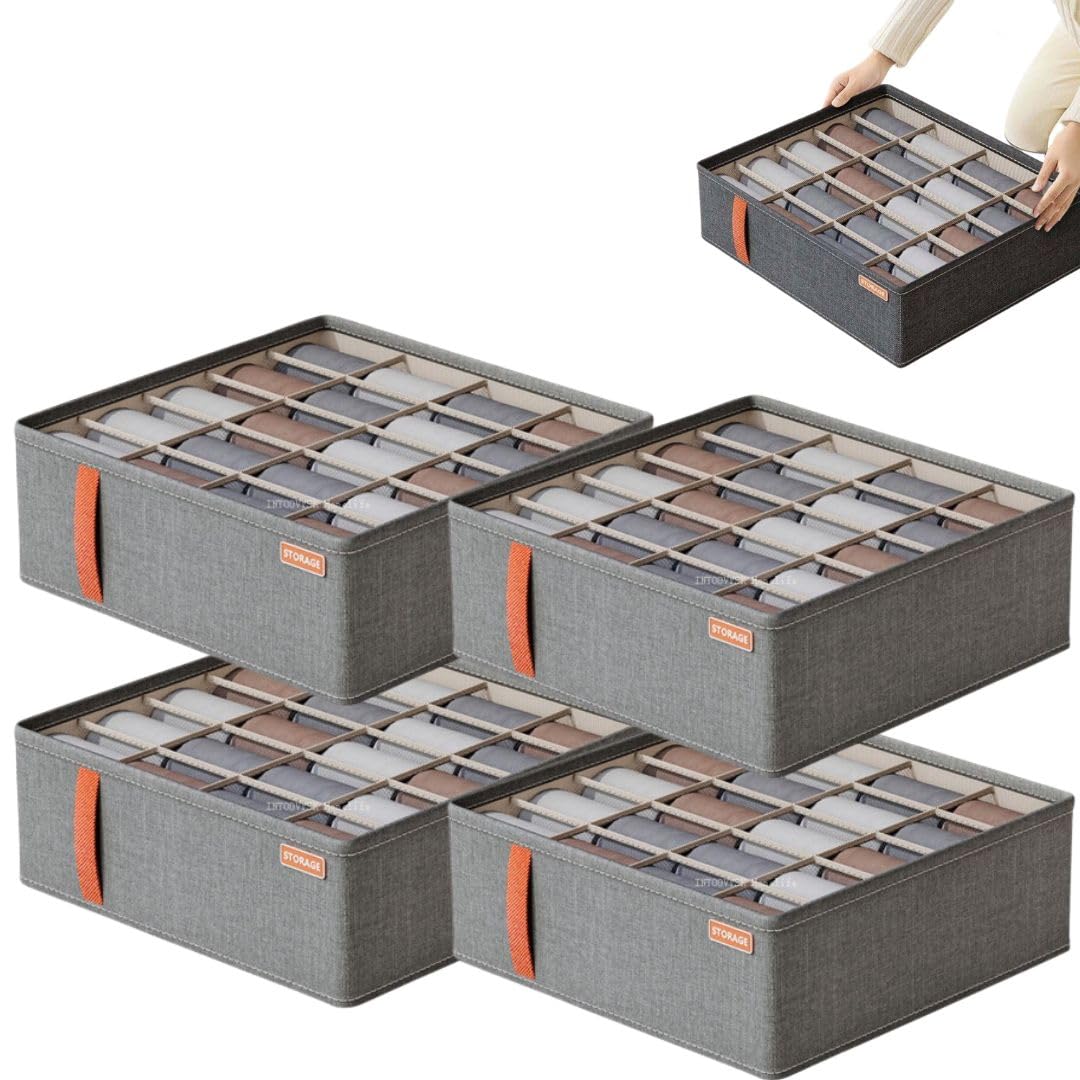 Kit C/4 Caixas Organizadoras de Roupas Íntimas com 20 Divisórias - Ideal para Meias, Cuecas, Calcinhas, Gravatas e Mais - Compacta, Dobrável, com Zíper e Fácil de Limpar