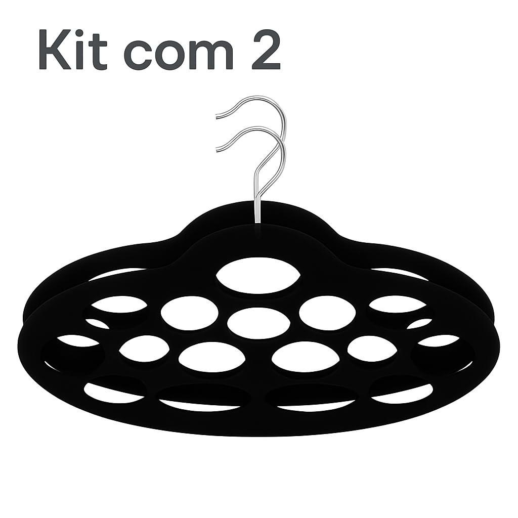 Kit 2 Cabides Aveludados para Gravatas e Cintos 30cm Preto (KIT 02 UN) | 14 Espaços, Veludo Antiderrapante, Aço e Plástico, Organiza Lenços, 30 x 20,5 cm
