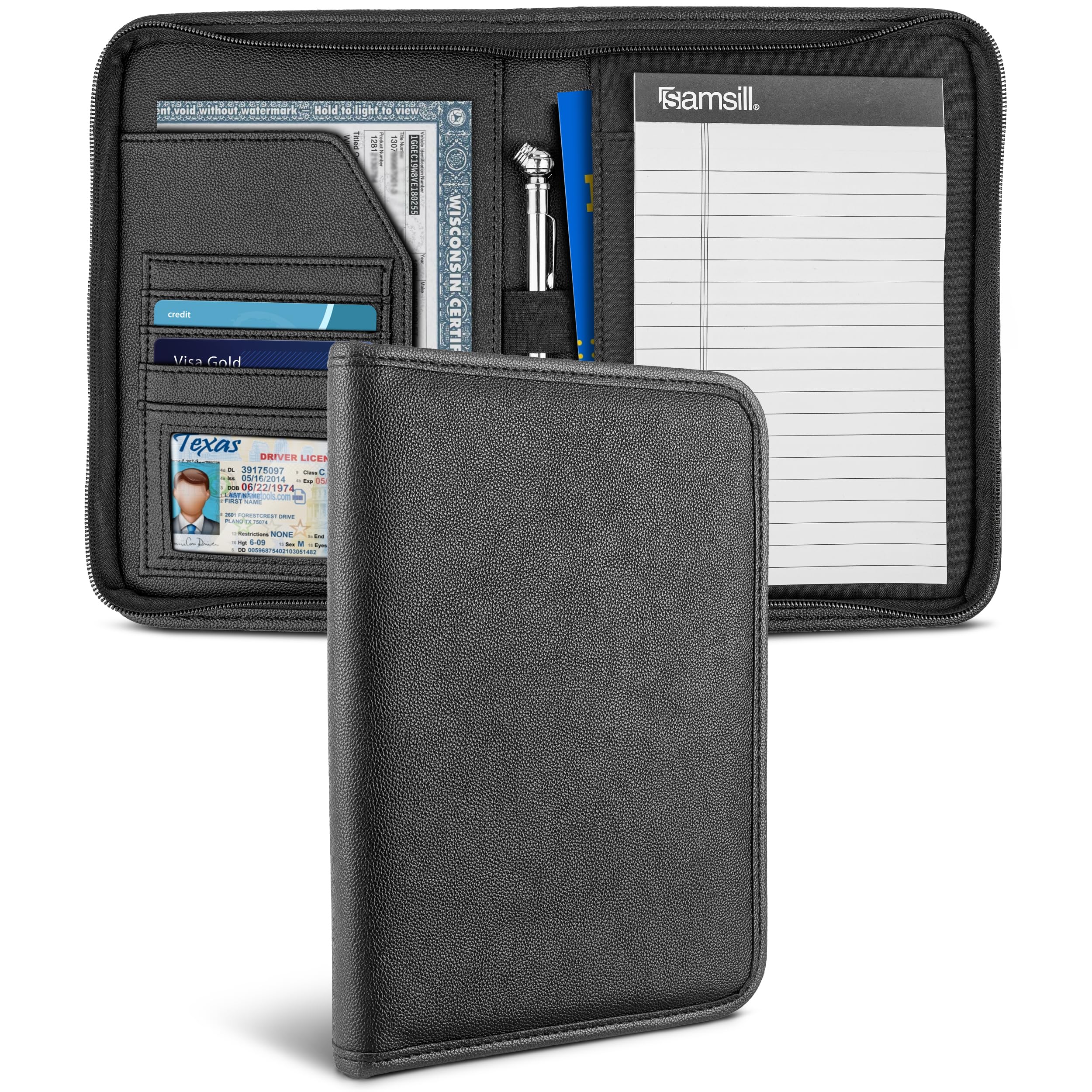 Samsill Porta-registro e seguro de carro, organizador de porta-luvas do proprietário, 18,4 x 25,4 cm, organizador de carro com zíper, porta-documentos de carro, preto