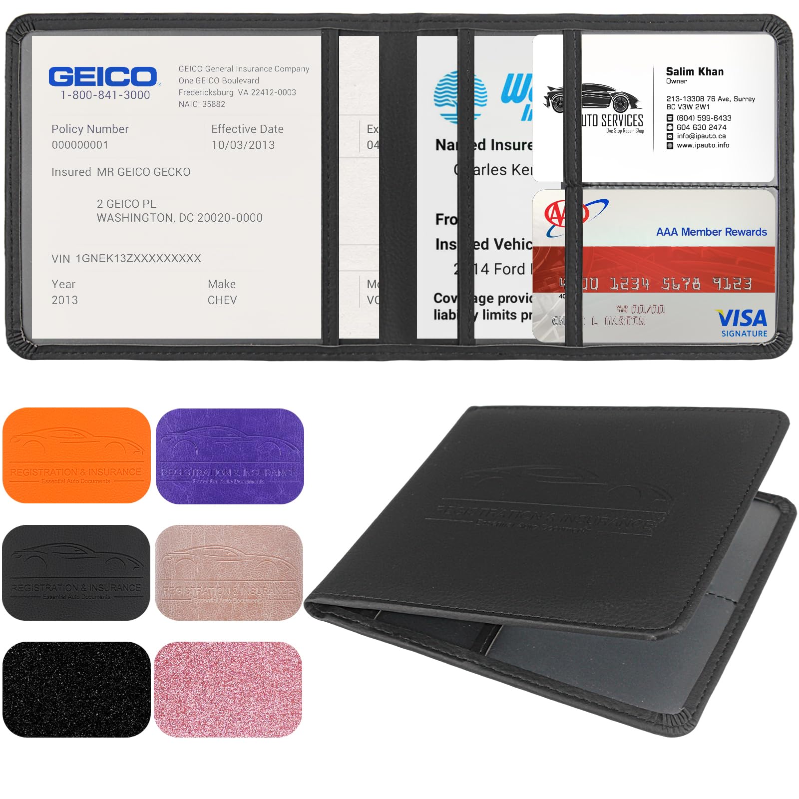 LumiMokki Suporte de registro e seguro de carro, porta-cartão de registro e seguro de couro, organizador de porta-luvas de veículo - para documentos, cartões, licença, Preto, 5.7 x 5.2 x 0.6 inches