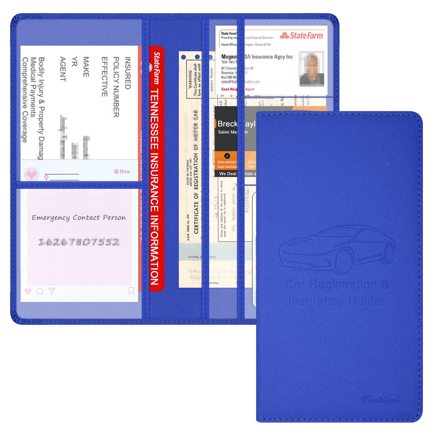 Estojo organizador de porta-luvas de veículo de couro premium de 24,5 x 12,7 cm para licença, cartão e documentos essenciais – azul