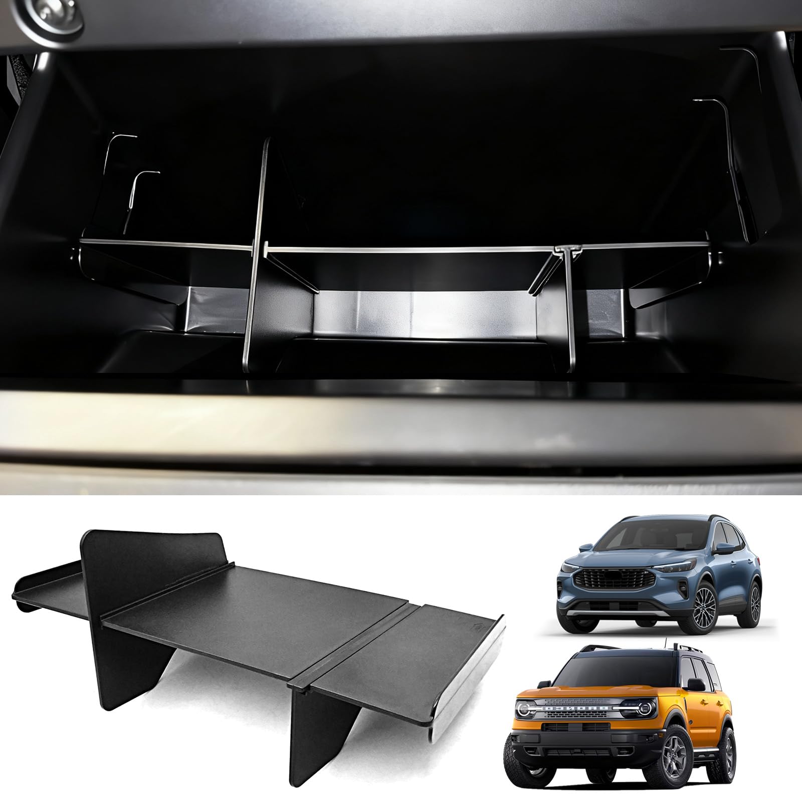 Organizador de divisórias de porta-luvas atualizado para acessórios Ford Bronco Sport 2021-2026/Ford Escape 2020-2026, organizador de porta-luvas de carro, acessórios de classificação de armazenamento