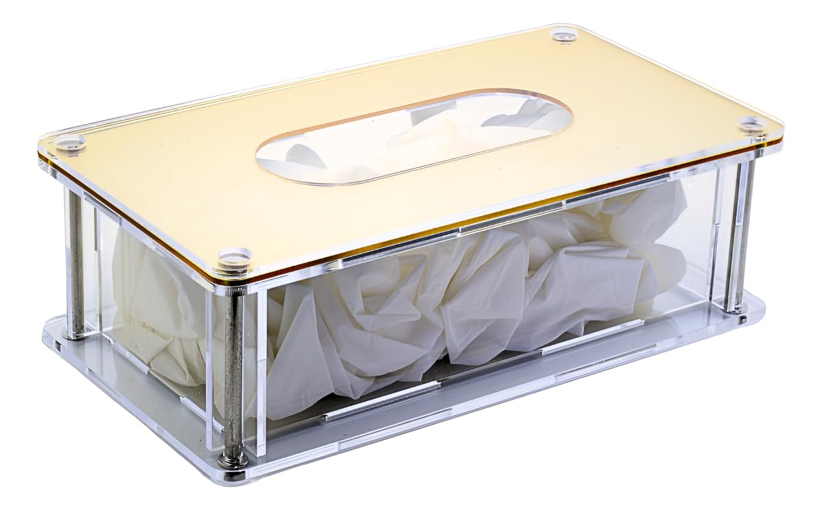 Caixa Organizadora em Acrílico com Tampa – Dispenser Porta Luvas Premium Transparente e Dourado com Acabamento Espelhado