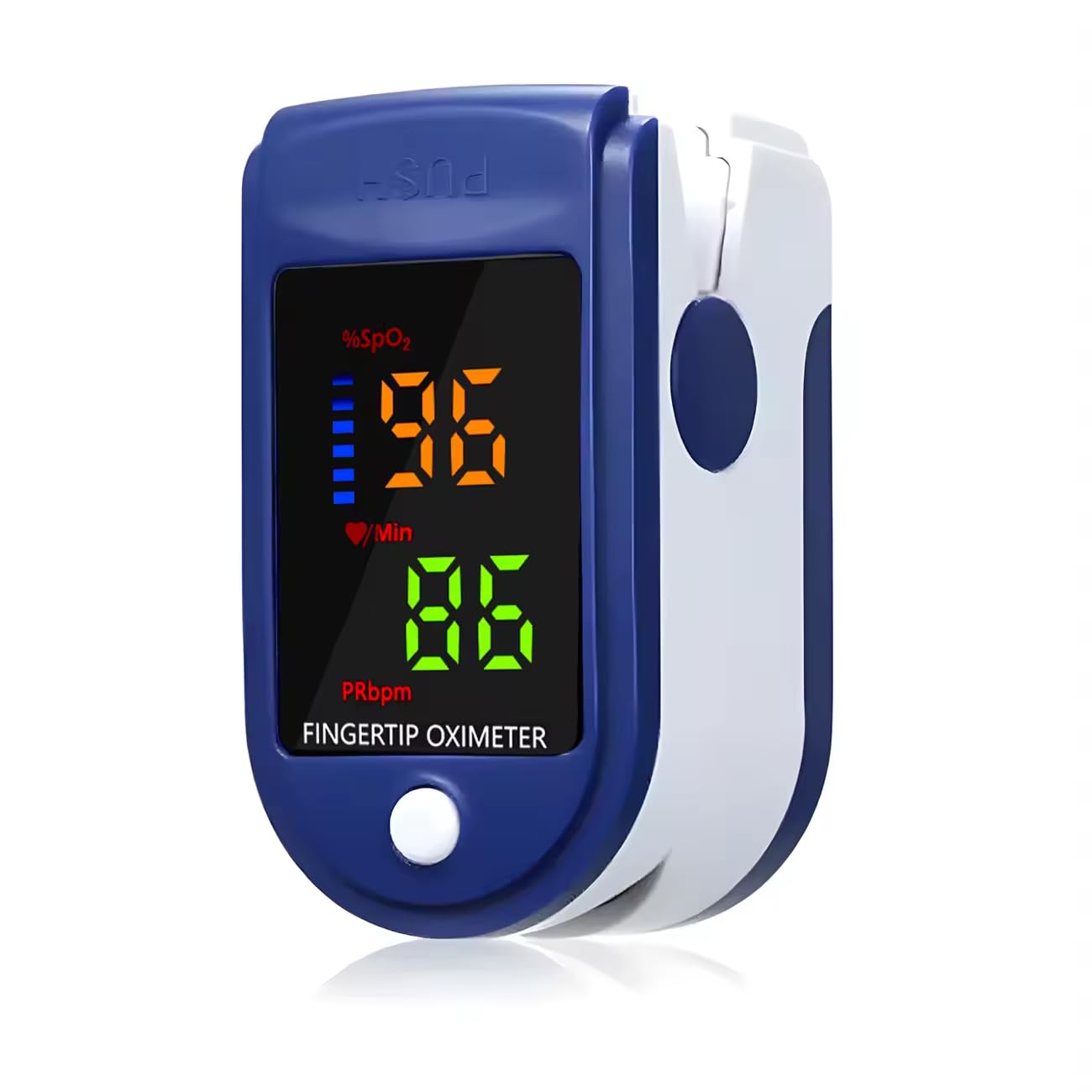 Oxímetro Digital de Dedo, Monitor de Saturação de Oxigênio SpO2 e Frequência Cardíaca BPM, Display LED, Silicone Hipoalergênico, Desligamento Automático, Azul e Branco – Leve, Rápido e Fácil de Usar