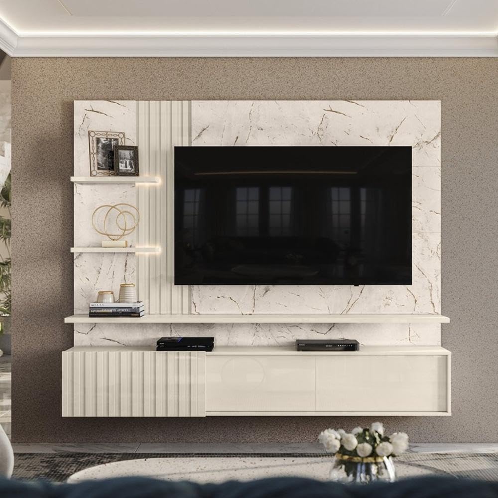 Painel para Tv até 65 Polegadas Led Ripado 2 Portas Atena Madetec Calacata/off White