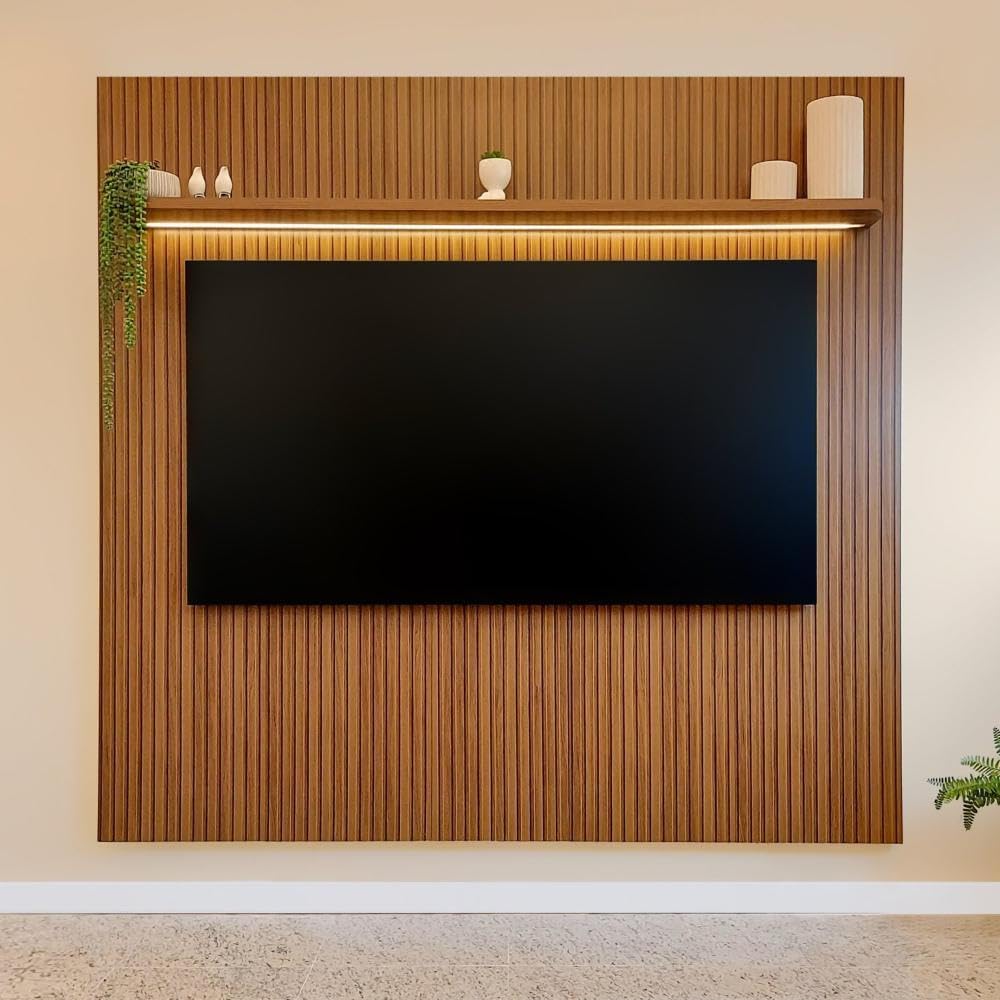 MadeiraMadeira Painel Para TV até 75 Polegadas com LED 185cm Impressão 3D Ripada Liverpool Pinho Ripado