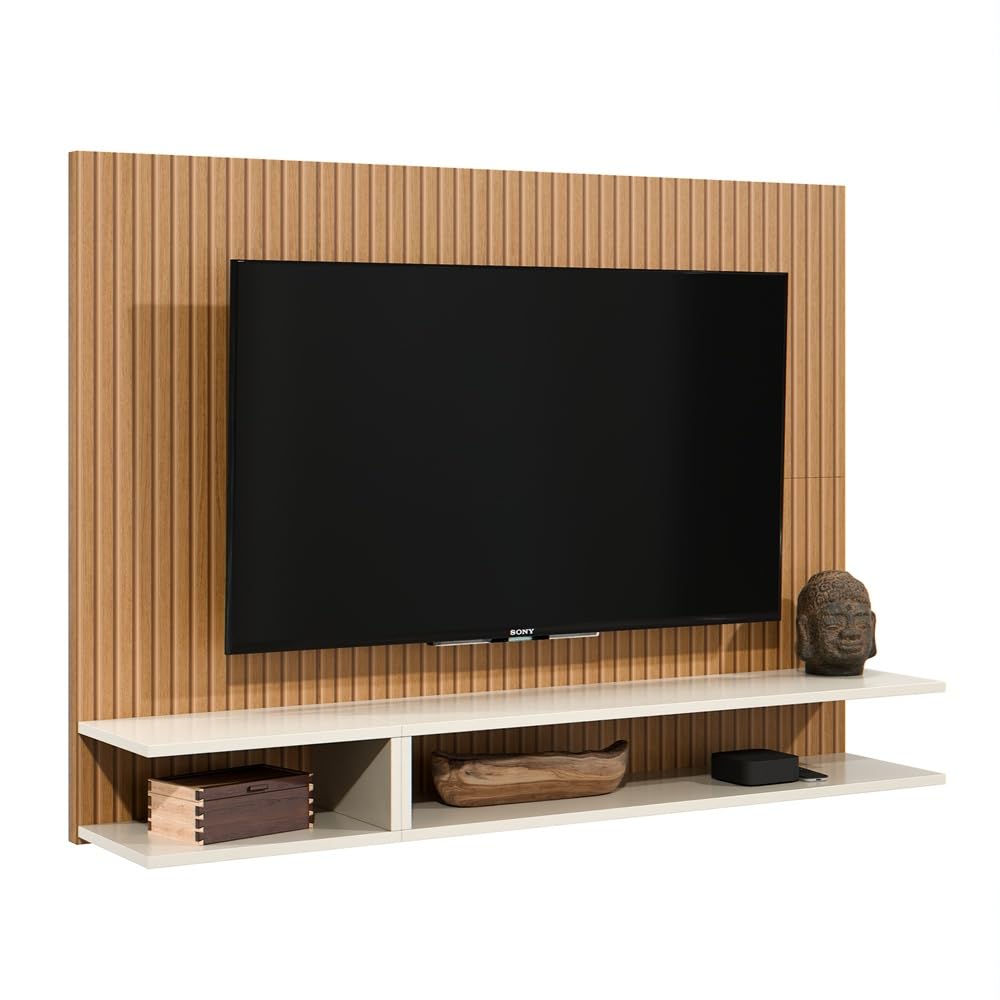 Painel Para TV Até 50 Polegadas Quarto/Sala Com Nichos E Prateleiras Suspenso - Quality Móveis (Ripado/OffWhite)