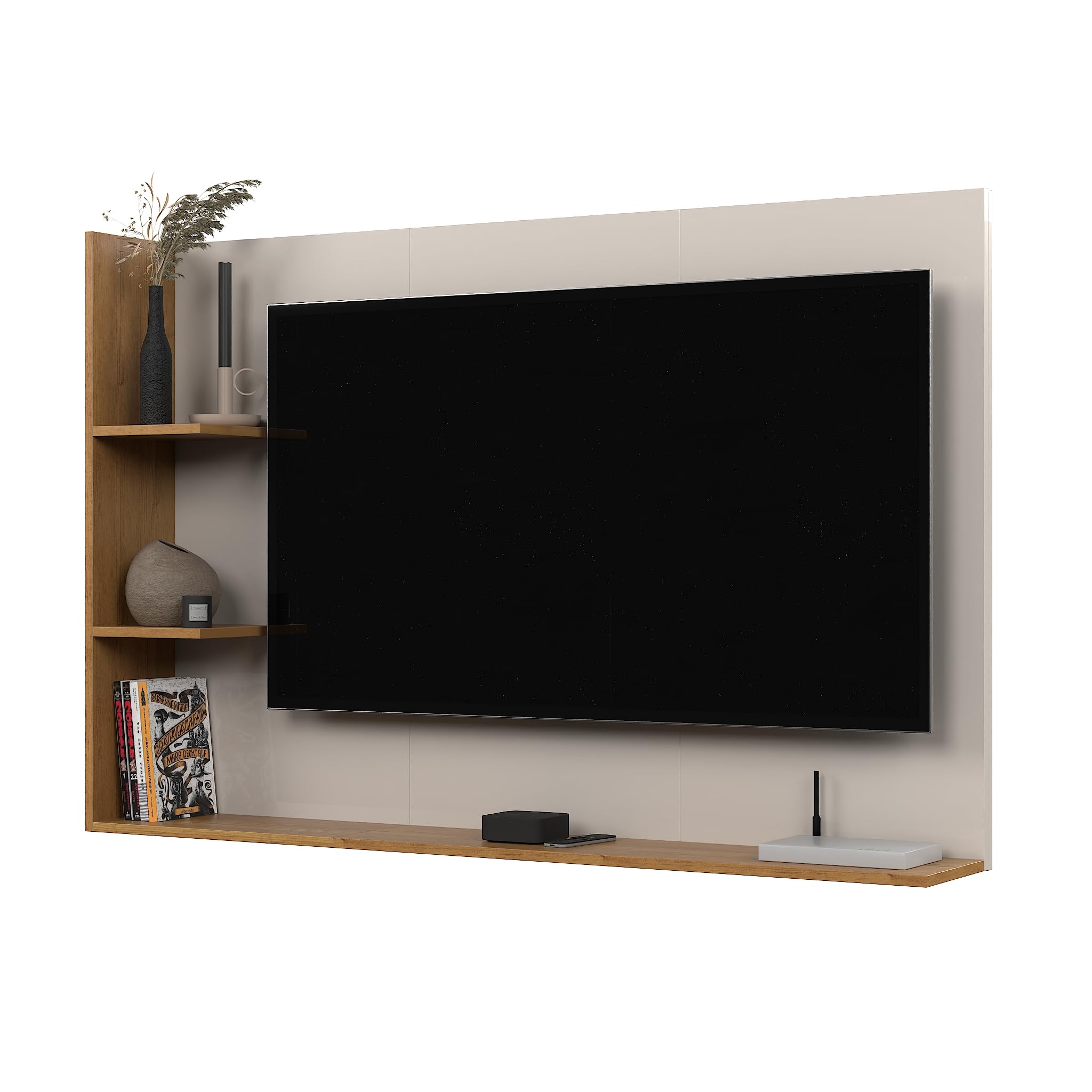 Painel Para TV 50 Polegadas Smart Para Sala Quarto Nicho Com Prateleira Berlim - Quality Móveis (OffWhite/Nature)