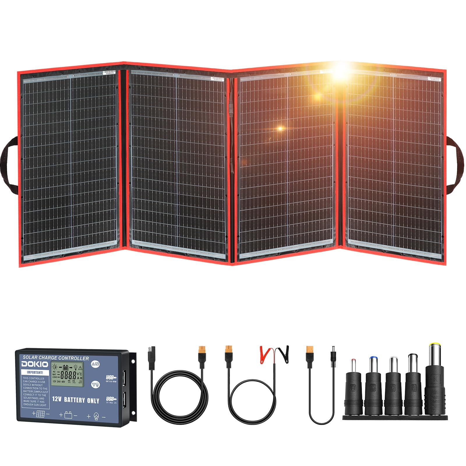 DOKIO Kit de painel solar dobrável portátil de 200 W para carregamento de bateria de 12 V | Dobra para 50 x 68 cm e pesa 4,4 kg; inclui controle e USB duplo; para baterias de 12 V, estações de energia