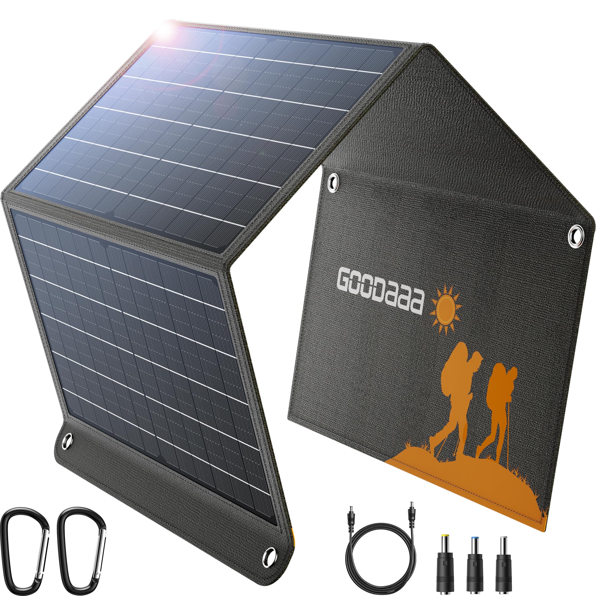 GOODaaa Painel solar portátil de 30 W com três saídas, carregador solar dobrável com carregamento rápido USB QC 3.0, painéis IP65 à prova d'água para uso externo, USB duplo e um carregador DC para