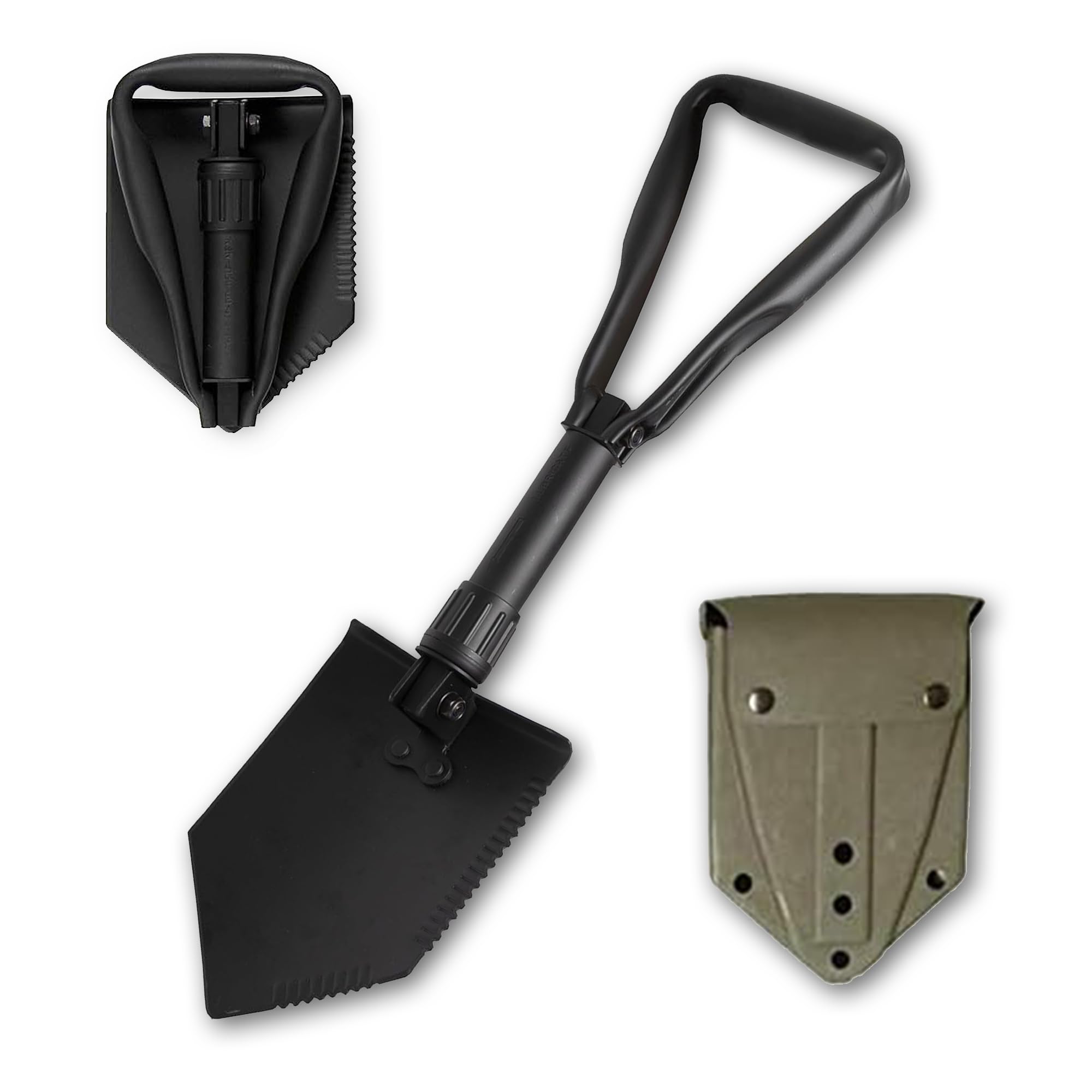 Conjunto de ferramentas de entrincheiramento de grau militar de 2 peças – Pá de acampamento dobrável de liga metálica tripla com suporte de plástico – Pá dobrável compacta e multiuso – Equipamento de