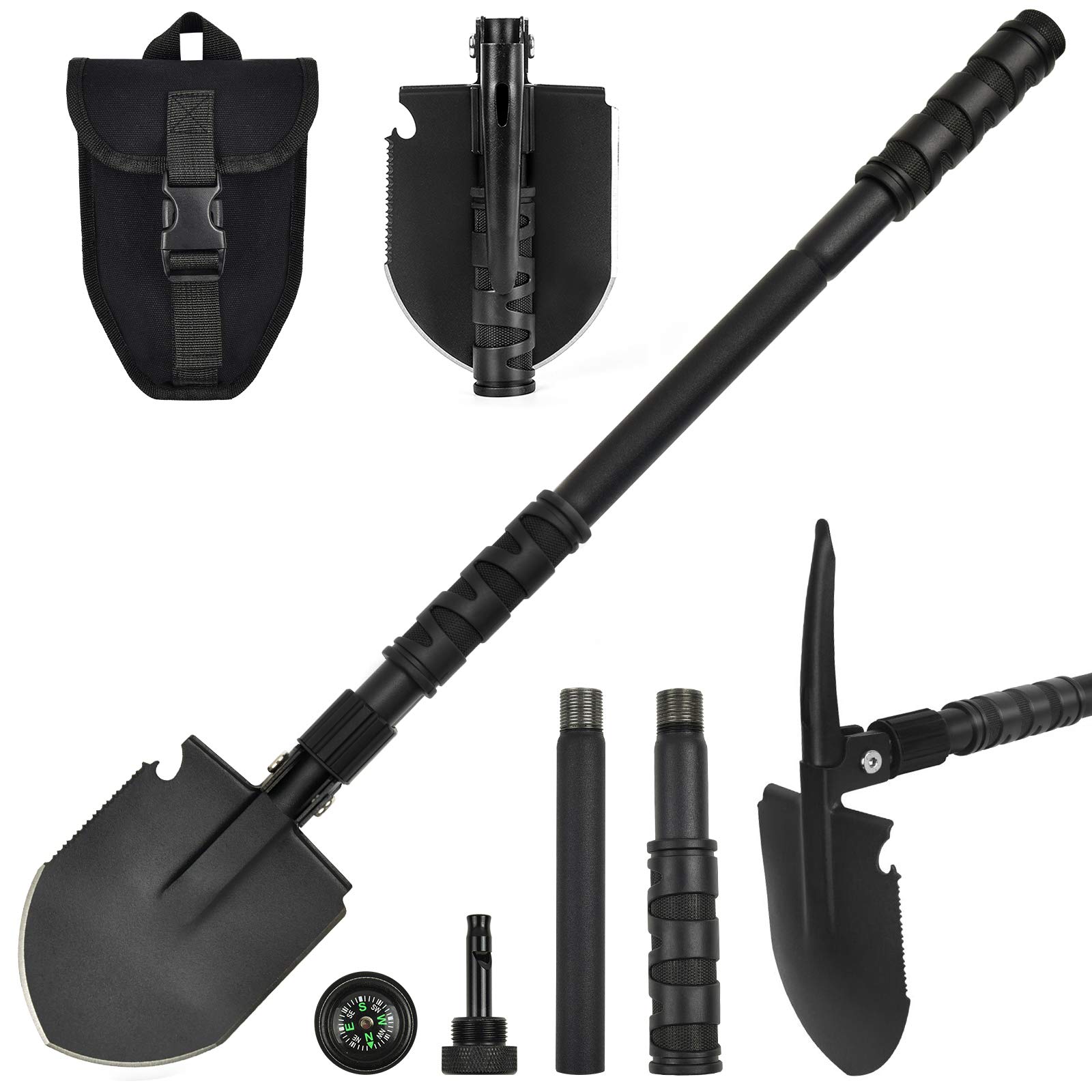 Pá de acampamento, (61 cm), ferramenta de sobrevivência off-road E, pá dobrável com picareta, bolsa portátil, aço de alto carbono, para escavação, mochila, caminhadas, jardinagem, emergência