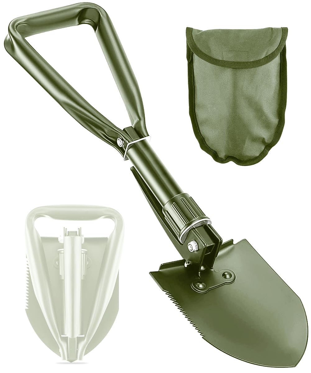 Pá de acampamento, pá dobrável portátil ergonômica de aço de alto carbono de 47 cm para todas as ocasiões, acampamento, caminhada, jardim (verde/prata)