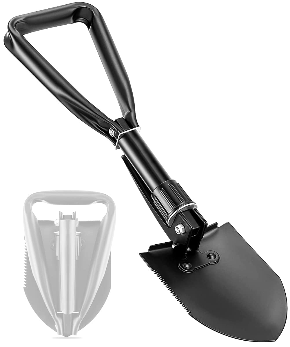 Pá dobrável grande, comprimento total de 61 cm, design dobrável com bolsa portátil, feita de materiais duráveis, borda serrilhada, para acampamento, caminhadas, jardinagem, pesca e