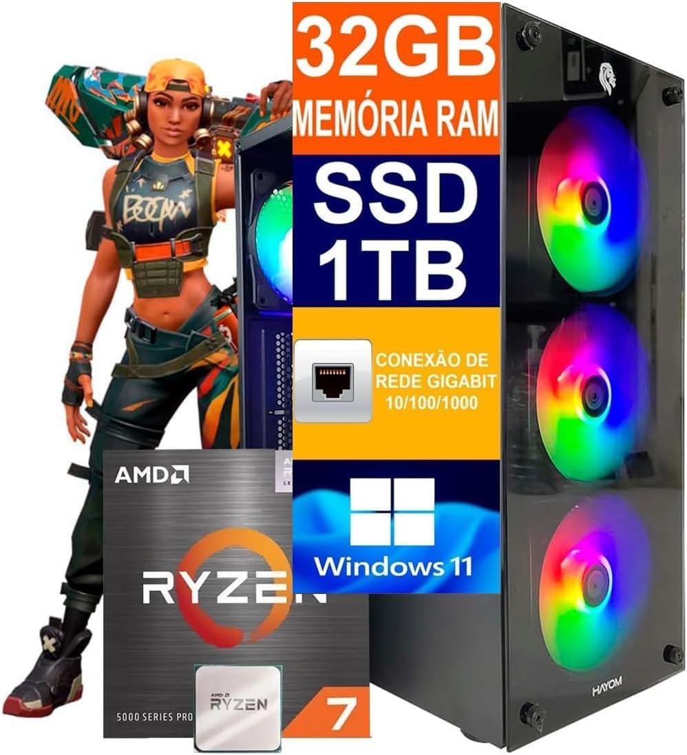 Pc Gamer Computador Cpu Ryzen 7 5700G / SSD 1TB M.2 NVMe / 32gb Memória Ram Ddr4 / Fonte 650w / Windows 11 Pro