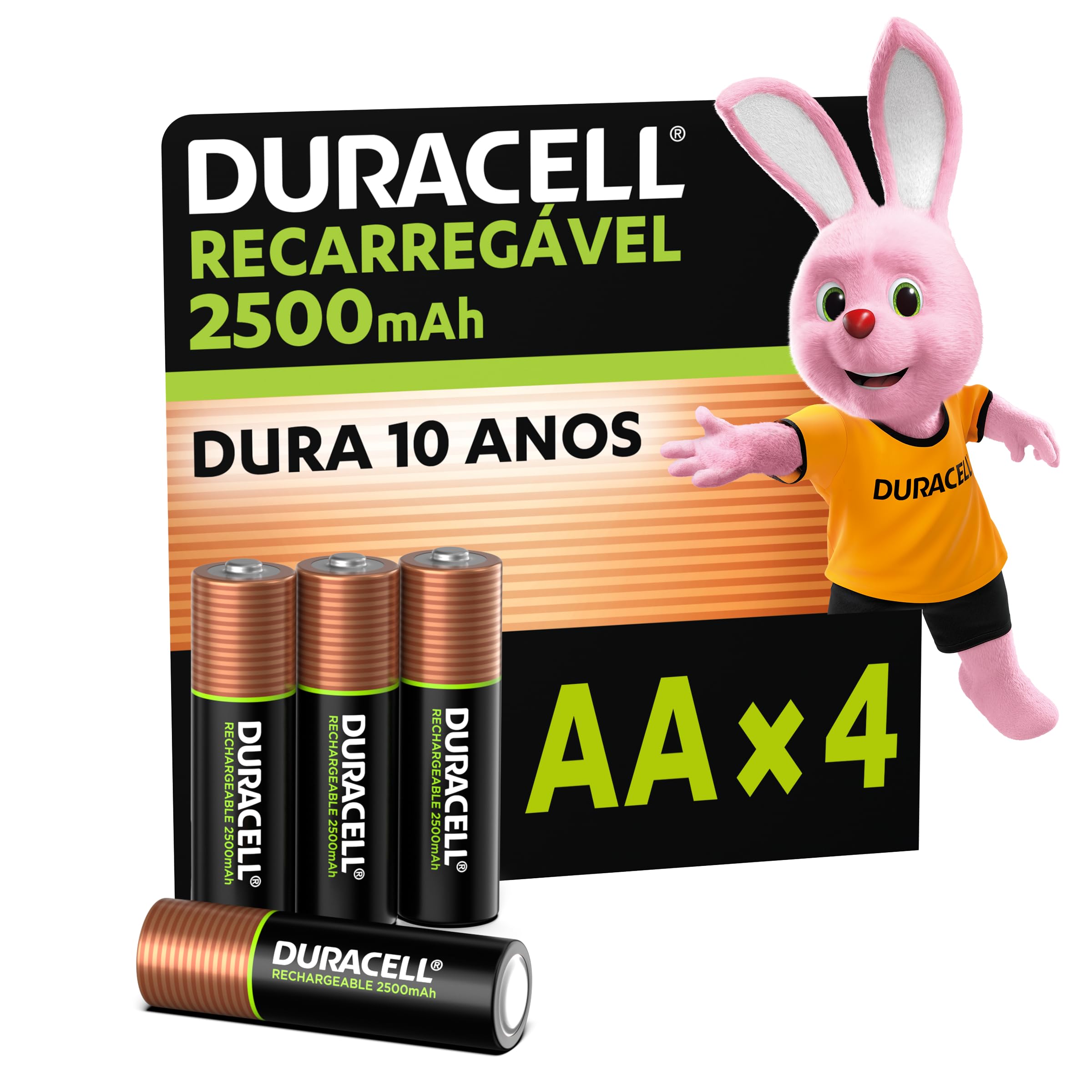 Duracell Pilha Recarregável AA 2500mAh Pequena Com 4 Unidades – Ideal para Controle Xbox™, Câmeras Digitais e Brinquedos de Alto Consumo