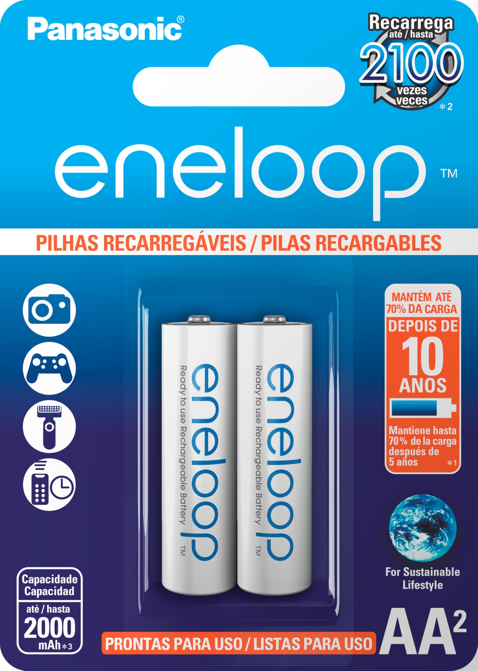 Pilha Recarregável Eneloop AA (Pequena), BK-3MCCE/2BB, Panasonic, Cartela com 2 unidades