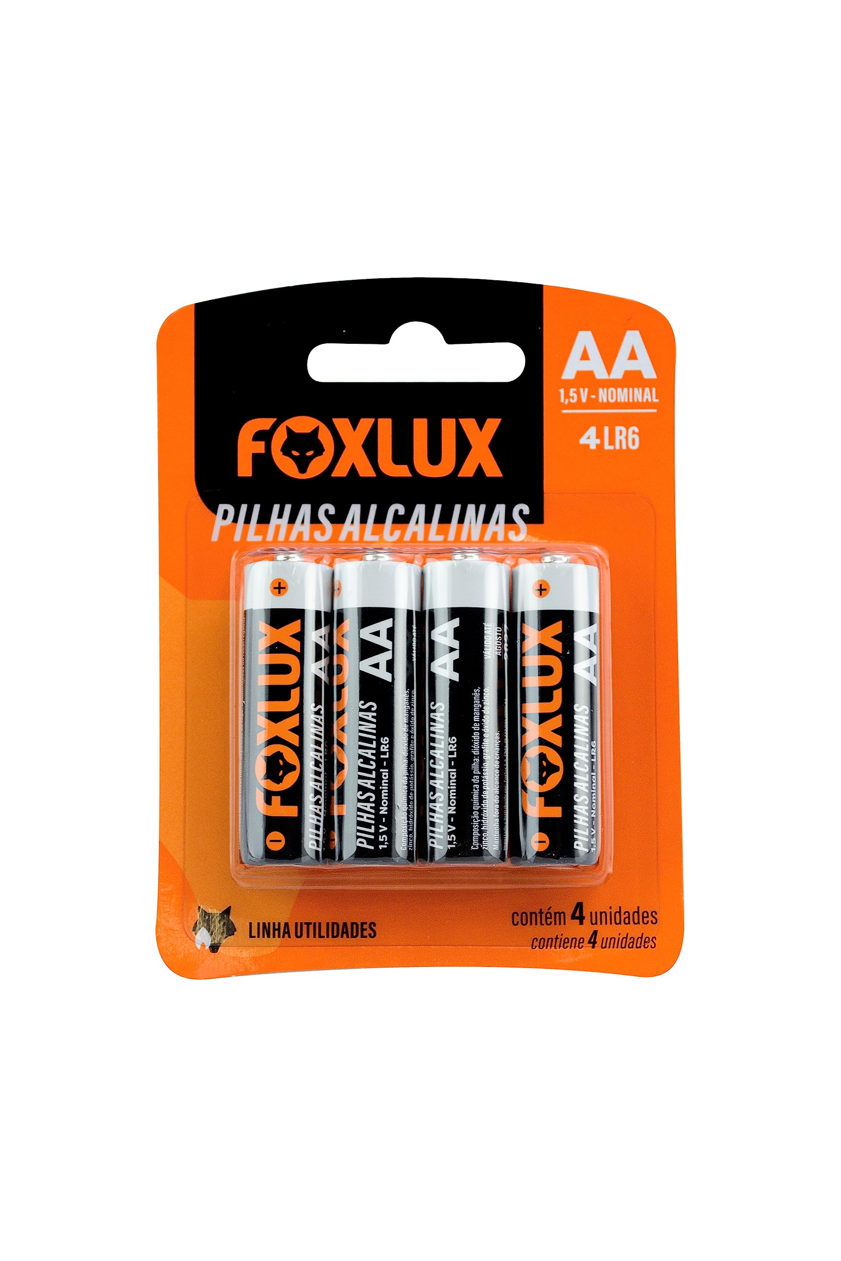 Pilha Alcalina Pequena AA Foxlux – Tensão Nominal: 1,5V – Embalagem com 4 pilhas – Alta durabilidade – Livre de mercúrio e cádmio