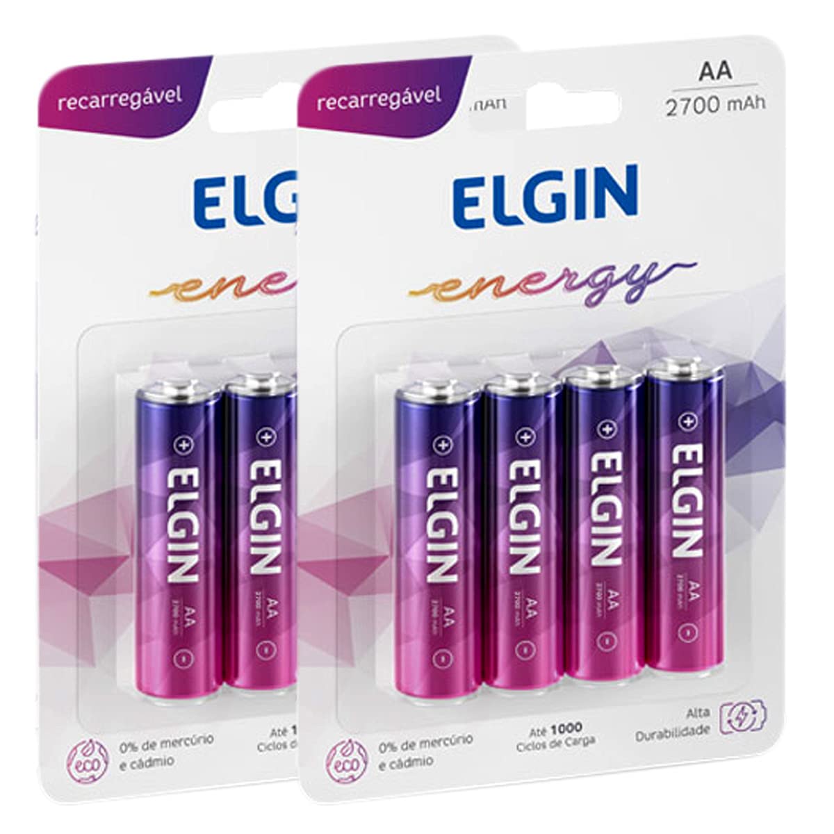 Pilha Recarregavel AA Elgin Bateria 2A 2700mAh Pequena kit 8 unidades