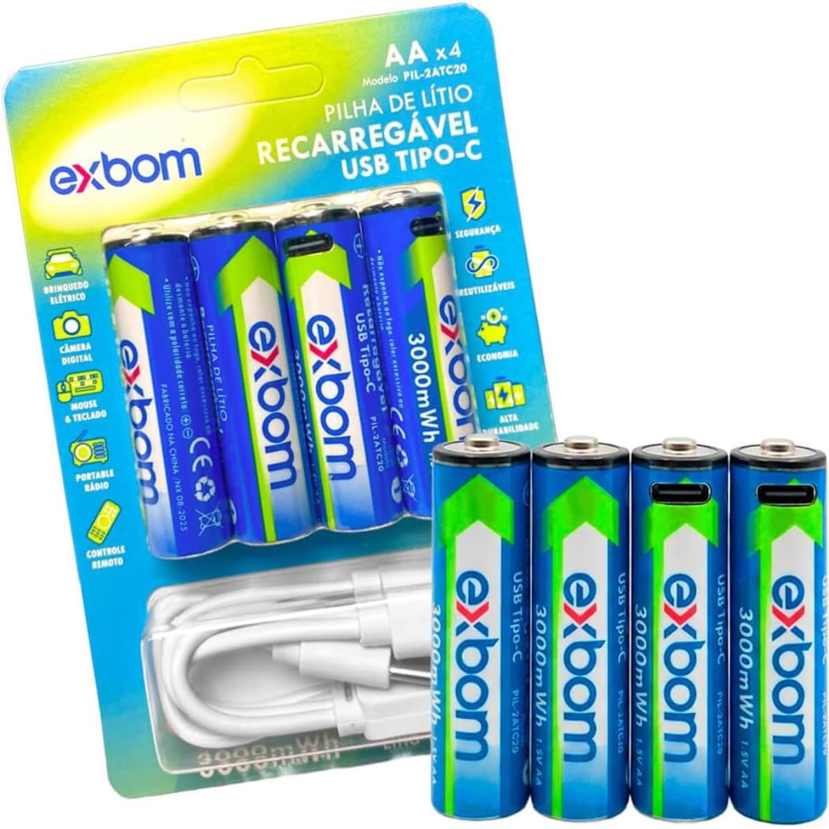 Kit Com 4 Pilhas Recarregáveis AA 1.5V Lítio 3000mAh USB C Com LED, Alta Duração Para Controle E Câmera - Brucaro Prime