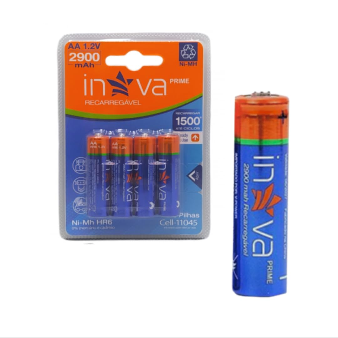 Inova Prime Pilhas Recarregáveis AA 1.2V, 2900mAh, Ni-MH, 1500 Ciclos, 4 Unidades