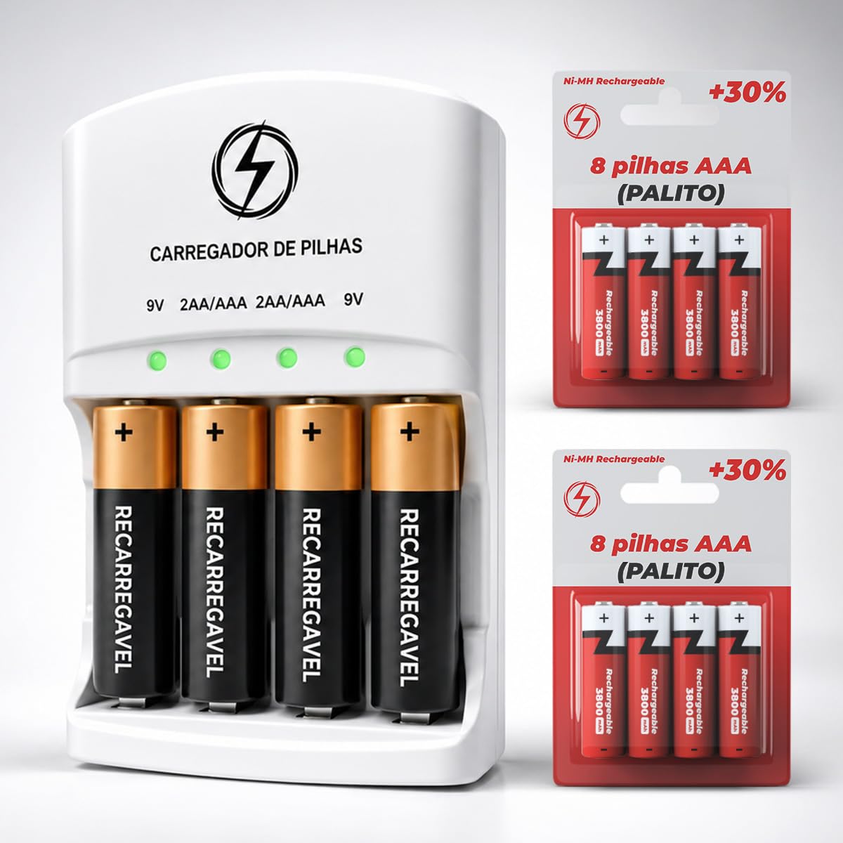YUNIV Carregador de Pilhas Recarregáveis Aa/aaa Bivolt - Kit Carregador + 8 Pilhas AAA Palito