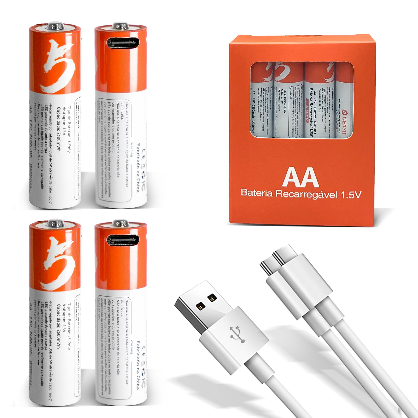 Pilha Recarregável AA 1.5V 2600mWh, Bateria de Lítio com Carregamento USB Tipo C, 1200 Ciclos, Carregamento Rápido 1,5 Horas, LED Indicador, para Controles, Brinquedos e Câmeras (4 Unidades)