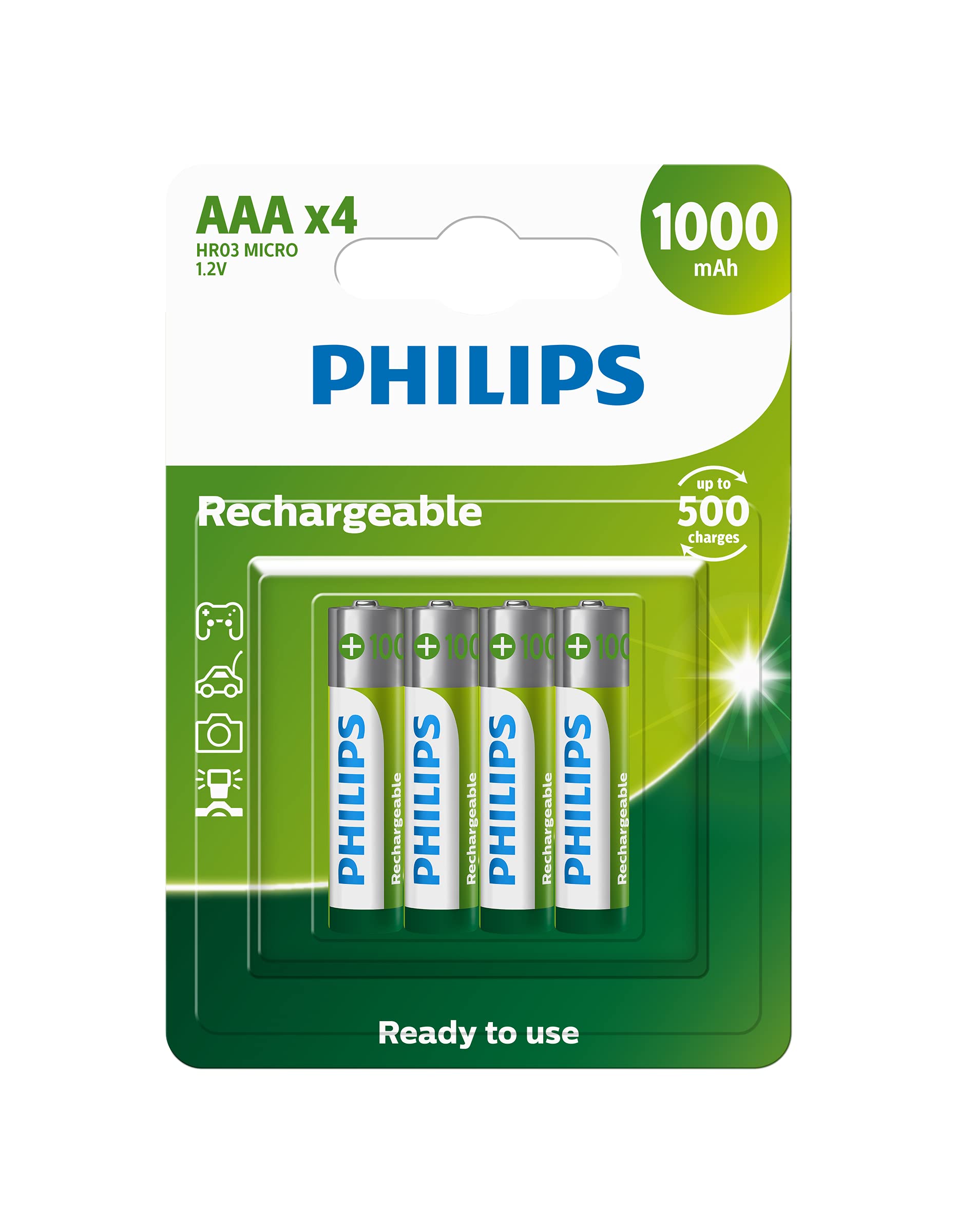 Pilha recarregável AAA 1.2V 1.000mAh, PHILIPS, padrão, R03B4RTU10/59