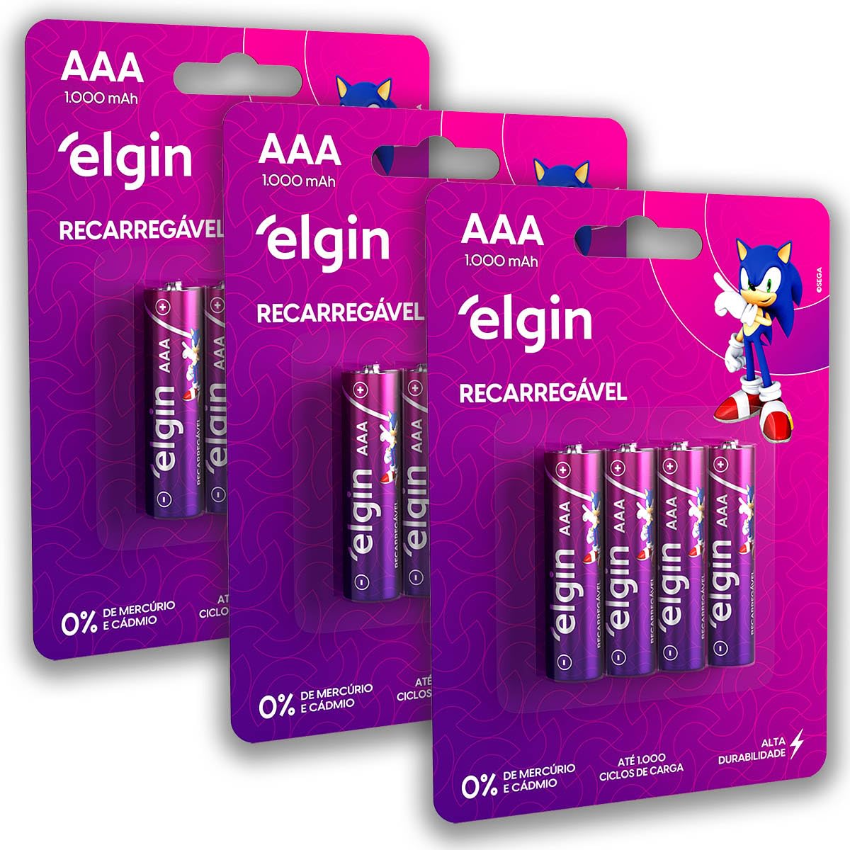 12 Pilhas Elgin AAA 1000mah Recarregável 3 Cartelas C/ 4 Unidades