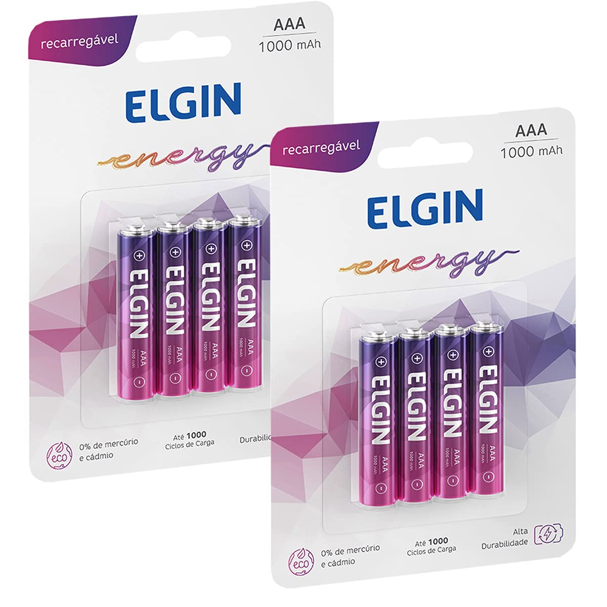8 Pilhas Elgin AAA 1000mah Recarregável 2 Cartelas C/ 4 Unidades