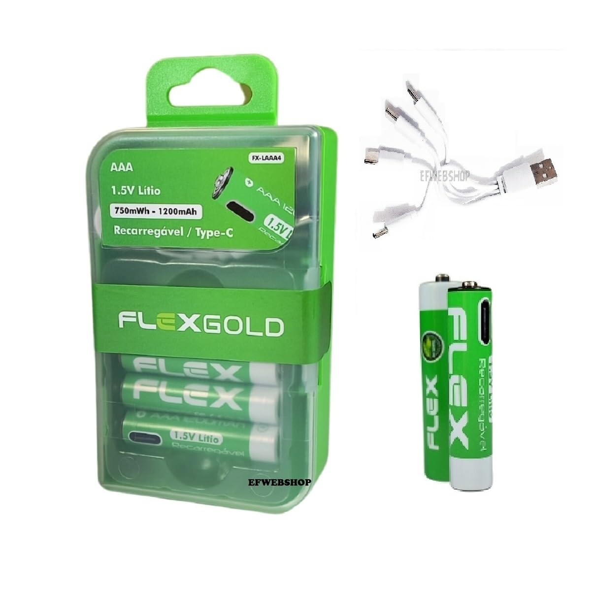 4 Pilhas Recarregáveis Flex AAA 1.5V de Lítio 1200mAh com Carregamento Direto via Cabo USB-C e LED Indicador de Carga mais Case Porta Pilhas