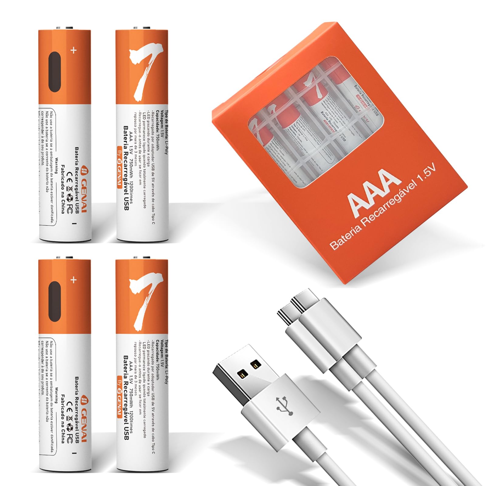 Pilha Recarregável AAA 1.5V 400mAh, Bateria de Lítio com Carregamento USB Tipo C, 1200 Ciclos, Carregamento Rápido em 1,5 Horas, para Controles, Brinquedos e Dispositivos Eletrônicos (2)