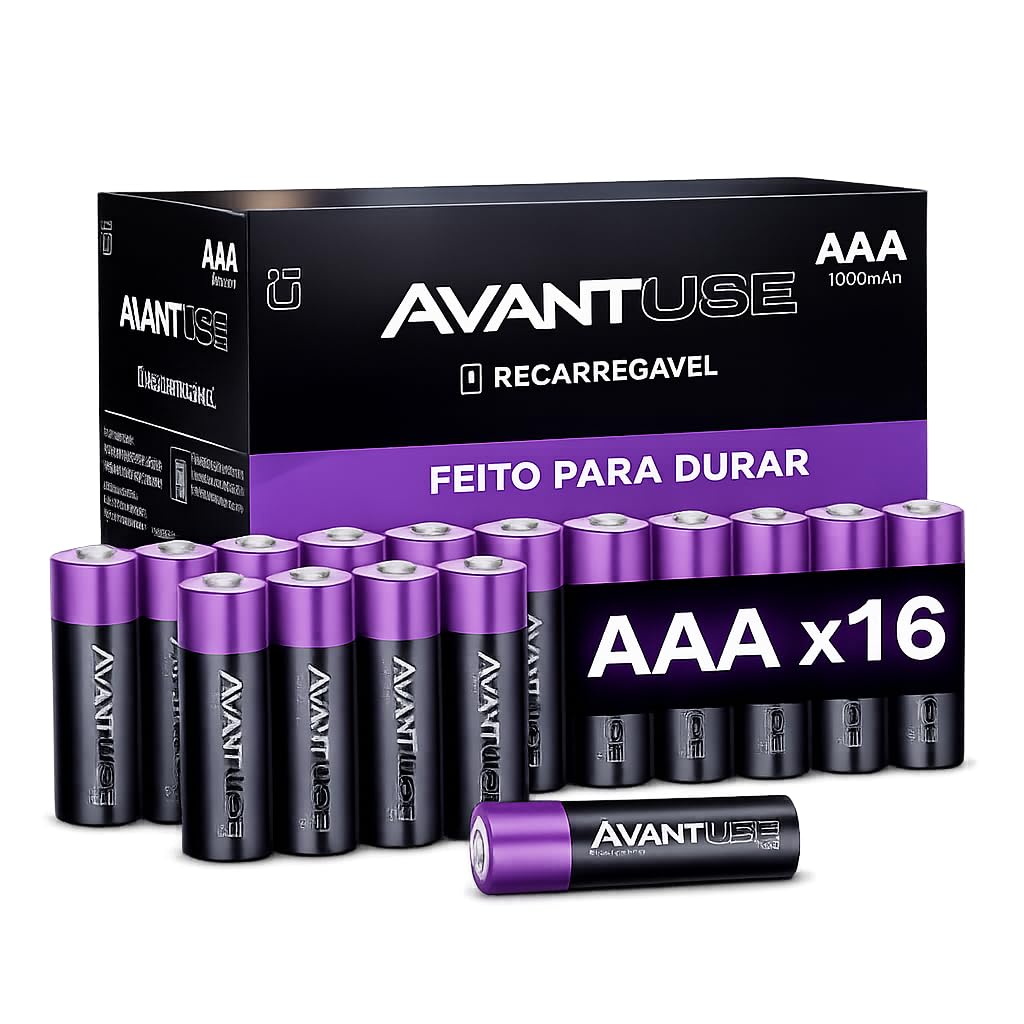 Avant Use Kit 16 Pilhas Recarregáveis AAA 1000mAh 1,2V Palito Alta Performance e Longa Duração