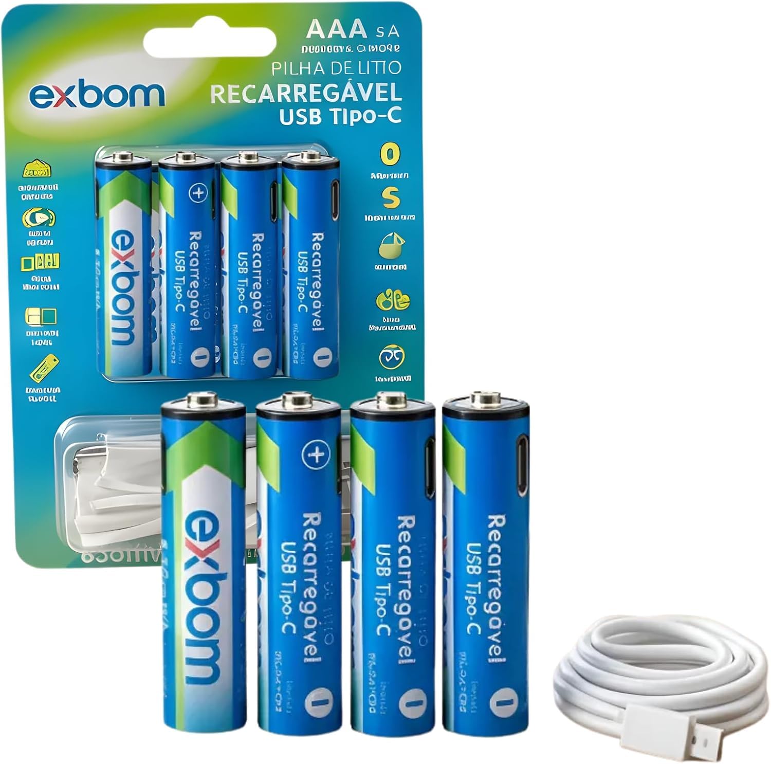 Kit Com 4 Pilhas Recarregáveis AAA 1.5V 830mAh USB C Com LED, Alta Duração Para Controle, Câmera E Mouse - Brucaro Prime