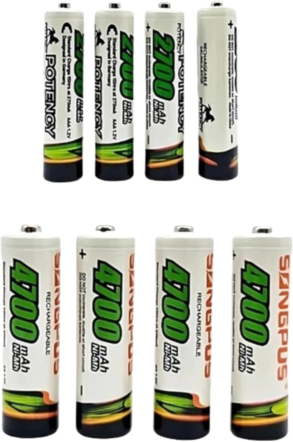 Kit 8 Pilhas Recarregáveis Ni-MH: 4 Pilhas AA 4700 mAh + 4 Pilhas AAA 2700 mAh