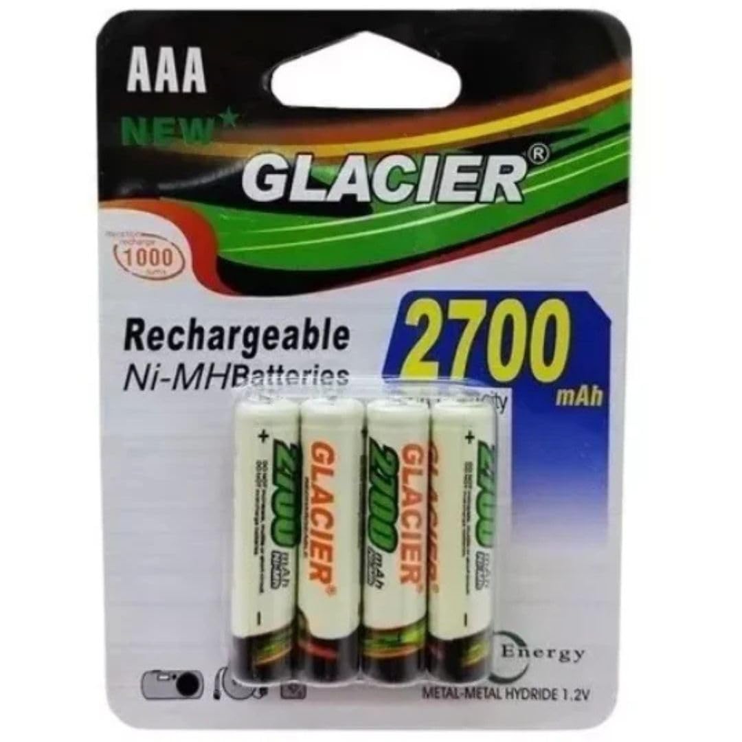 Pilha Recarregável AAA 2700mAh Ni-MH 1,2V Glacier Kit com 4 Unidades Alta Capacidade Compatível com Controles, Brinquedos, Câmeras e Lanternas